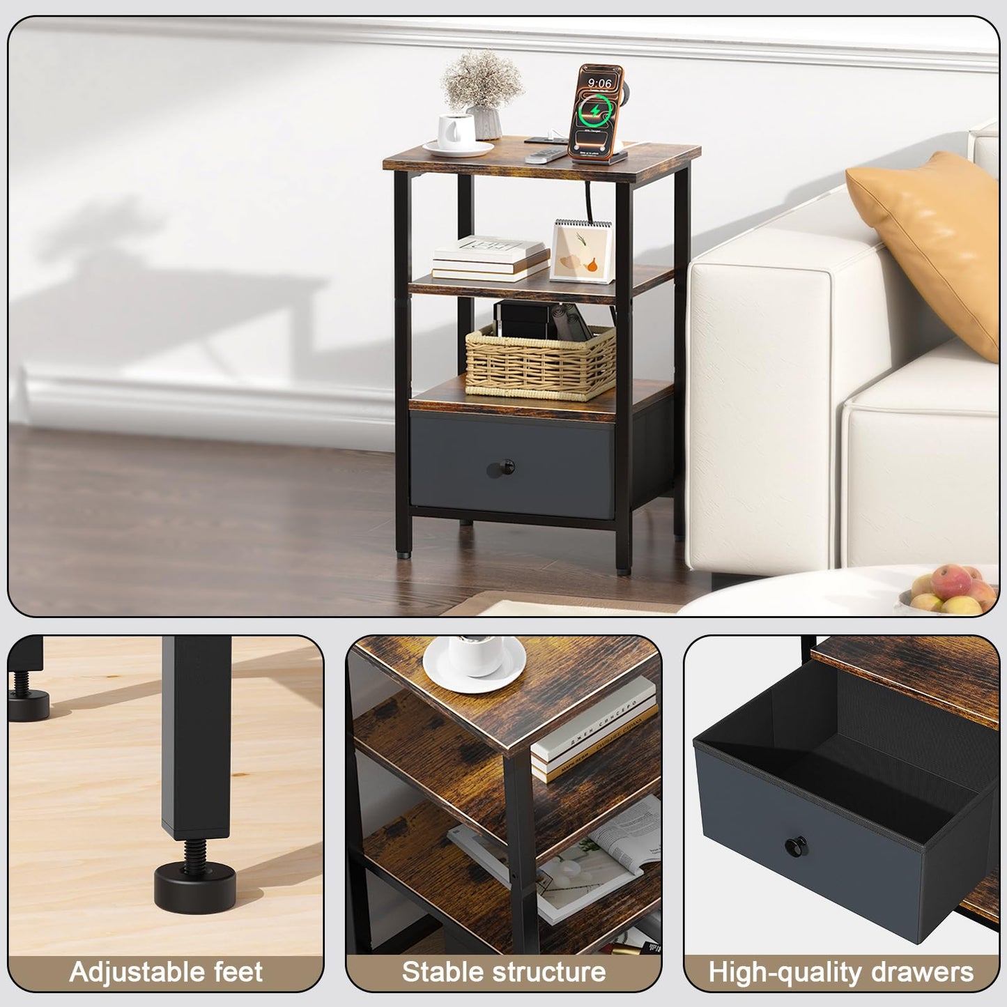 Tensirock Side Table with Charging Station, Nightstand with Adjustable Fabric Drawer, Bedside Table for Bedrooms, Living Rooms & Home Decor (Brown Black)