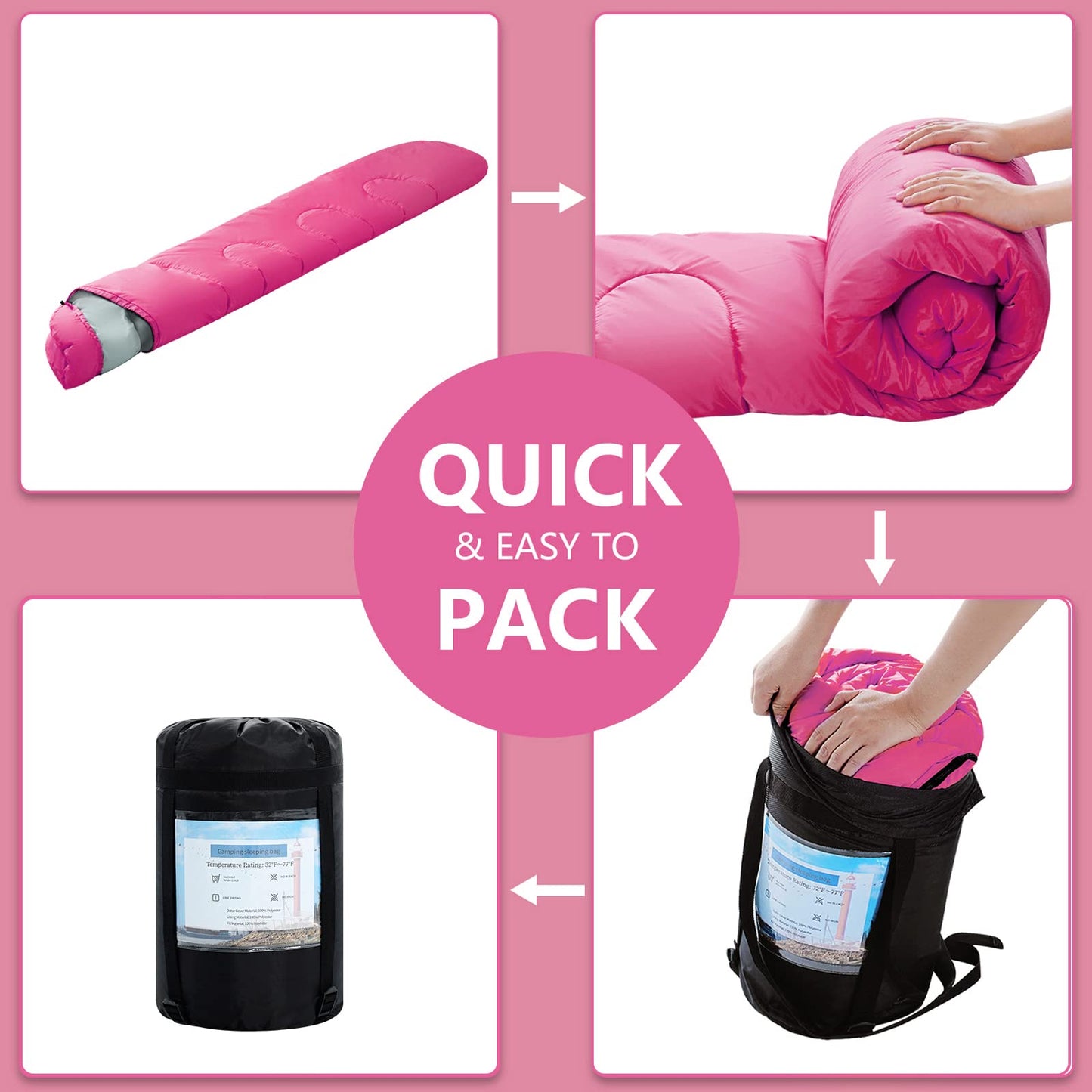 ORTHOMTEX Sleeping Bags for Adults,Teens and Kids Girls-Warm & Cold Weather Lightweight,Waterproof Backpack,Great for 3-4 Seasons Hiking,Camping and Outdoor Mountaineering(Pink/Right Zip)