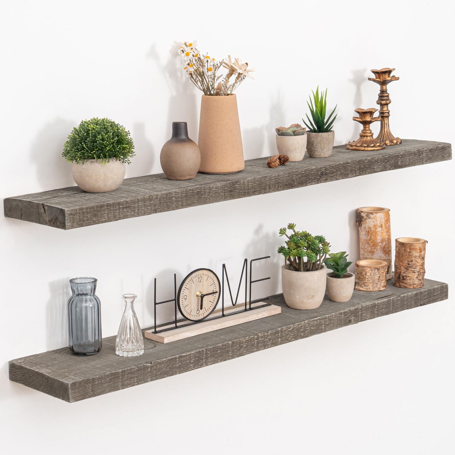 FLYJOE Floating Shelves Reclaimed Barnwood, 8" Deep Solid Wood Floating Shelf Wall Hanging Shelves with Invisible Heavy-Duty Metal Bracket | Wall Mounted | Farmhouse Style | 40 inches,2PCS,Grey