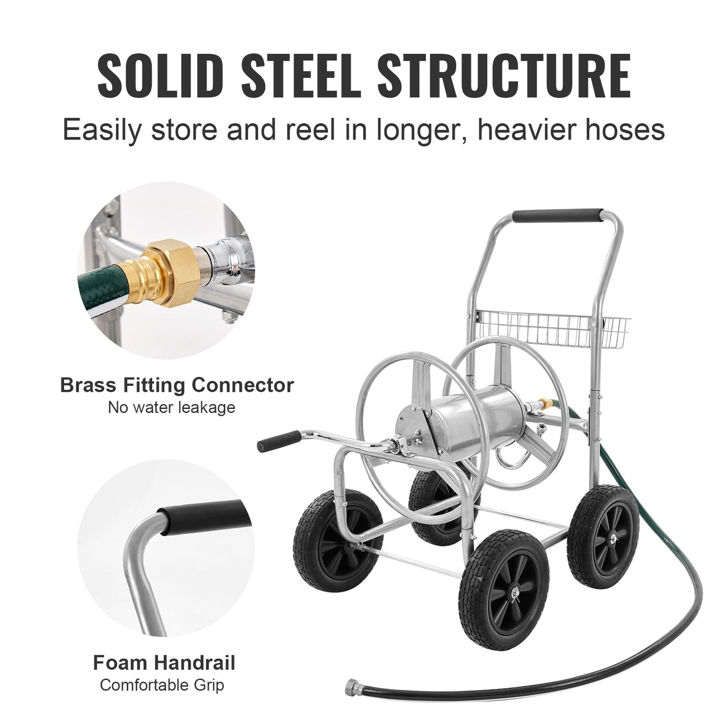 VEVOR Hose Reel Cart, Hold Up to 300 ft of 5/8’’ Hose, Garden Water Hose Carts Mobile Tools with 4 Wheels, Heavy Duty Powder-Coated Steel Outdoor Planting with Storage Basket, for Garden, Yard, Lawn