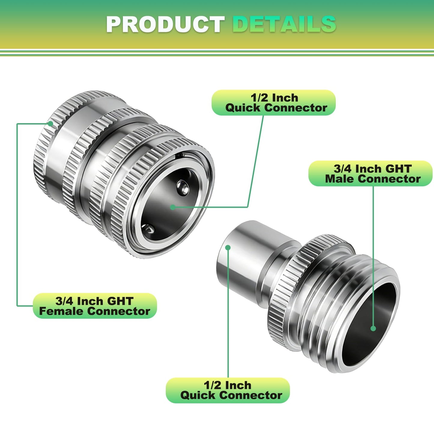 FISHFRUIT Stainless Steel Garden Hose Quick Connect Fittings Set, 3/4 Inch GHT Quick Connect Hose Fittings, Water Hose Quick Connect Fittings, Quick Release Connectors for Hoses and Sprayers (5PCS)