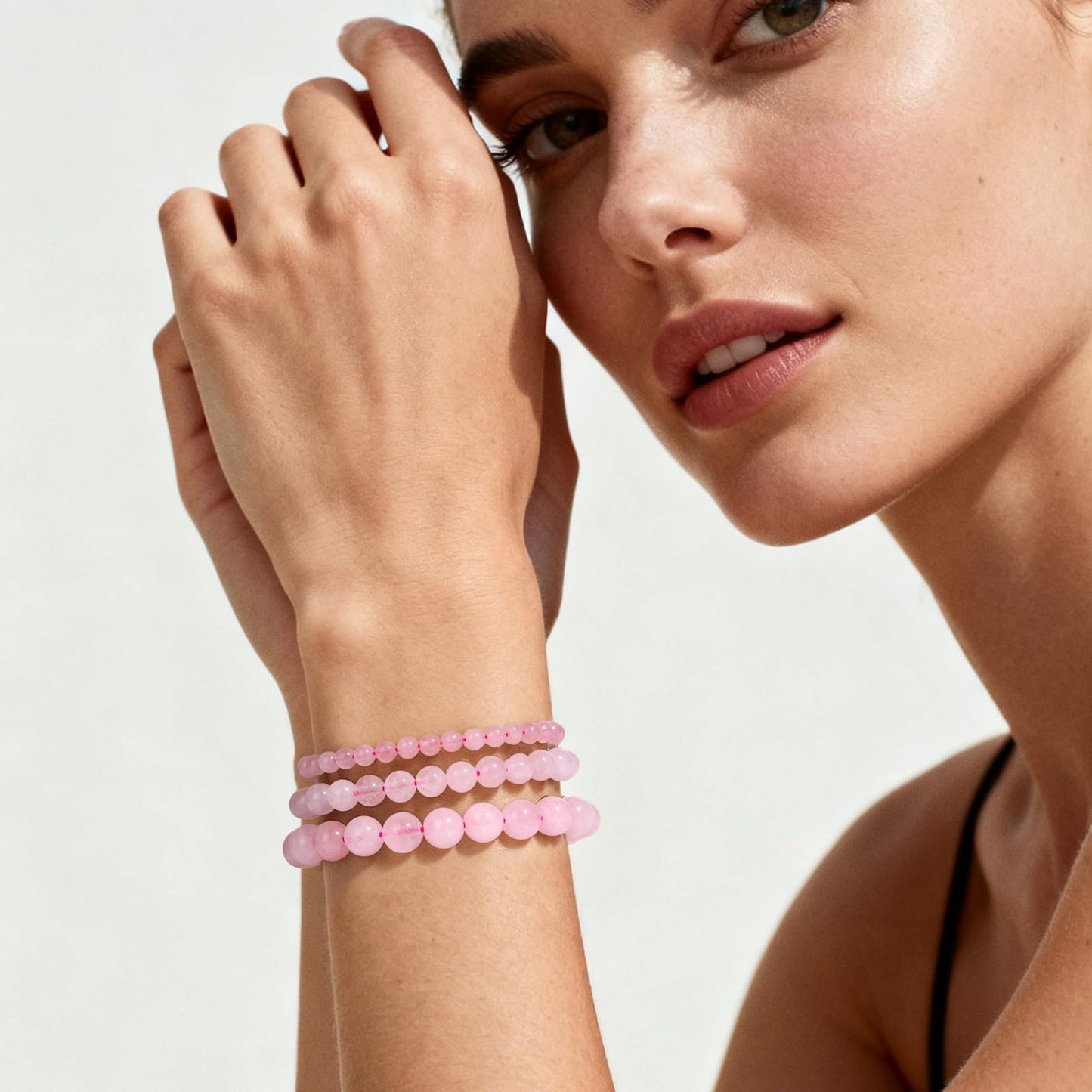 Bolinailo 3Pcs Natural Healing Crystal Bracelets for Women Men, 4mm 6mm 8mm Beaded Stretch Bracelet Set, Rose Quartz Natural Stone Gemstone Jewelry Gifts for Meditation, Reiki & Yoga