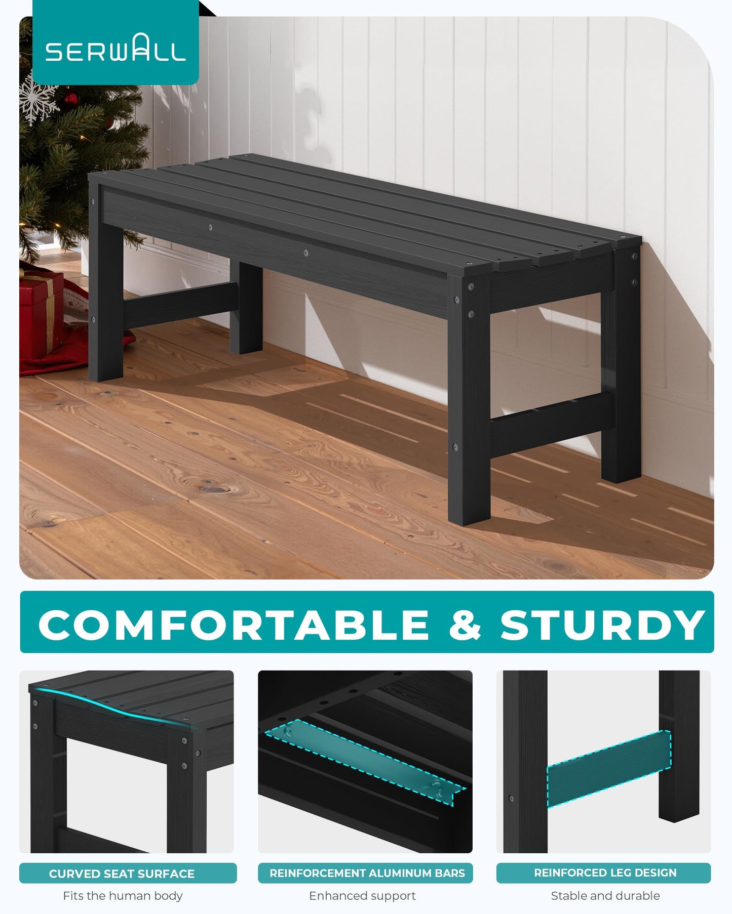 SERWALL 47 Inches Outdoor Bench, All Weather HDPE Backless Bench with Wood Grain Texture for Garden Porch and Park, Curved Bench Seat for Comfort, Black