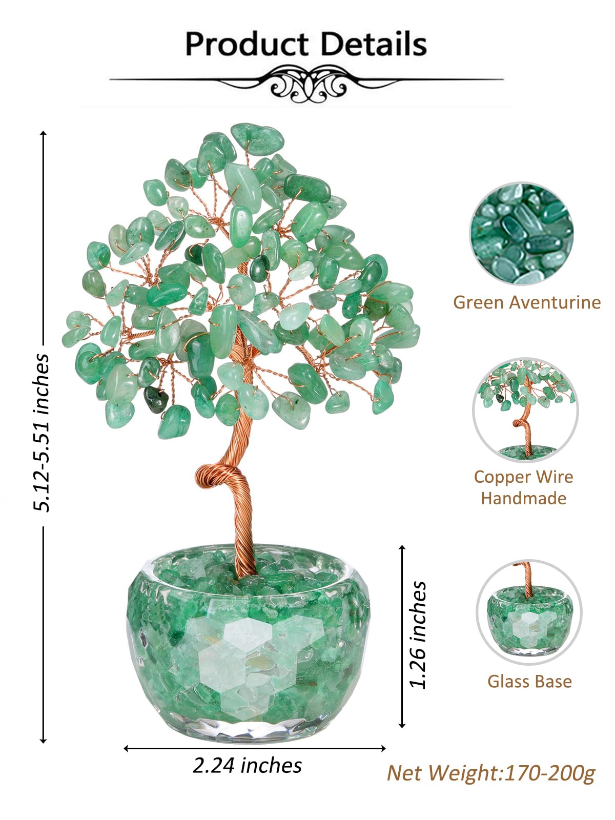 Top Plaza Healing Crystals Green Aventurine Crystal Tree with Glass Base Handmade Natural Gemstone Life Tree Mini Bonsai Money Trees Good Luck Home Office Desk Decor