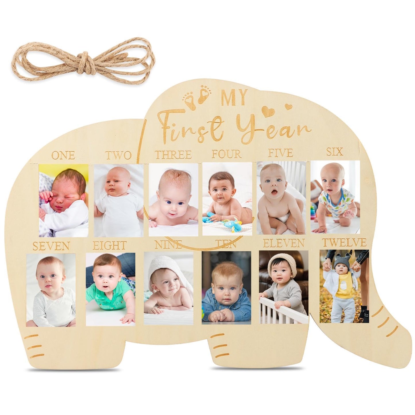 XIHUADOU My First Year Picture Frame – One-Year Photo Board for Baby, 12-Month Collage Keepsake with Stand, Gender Neutral Design for Baby Showers, New Mom Gifts & Nursery Decor (Elephant Sign)