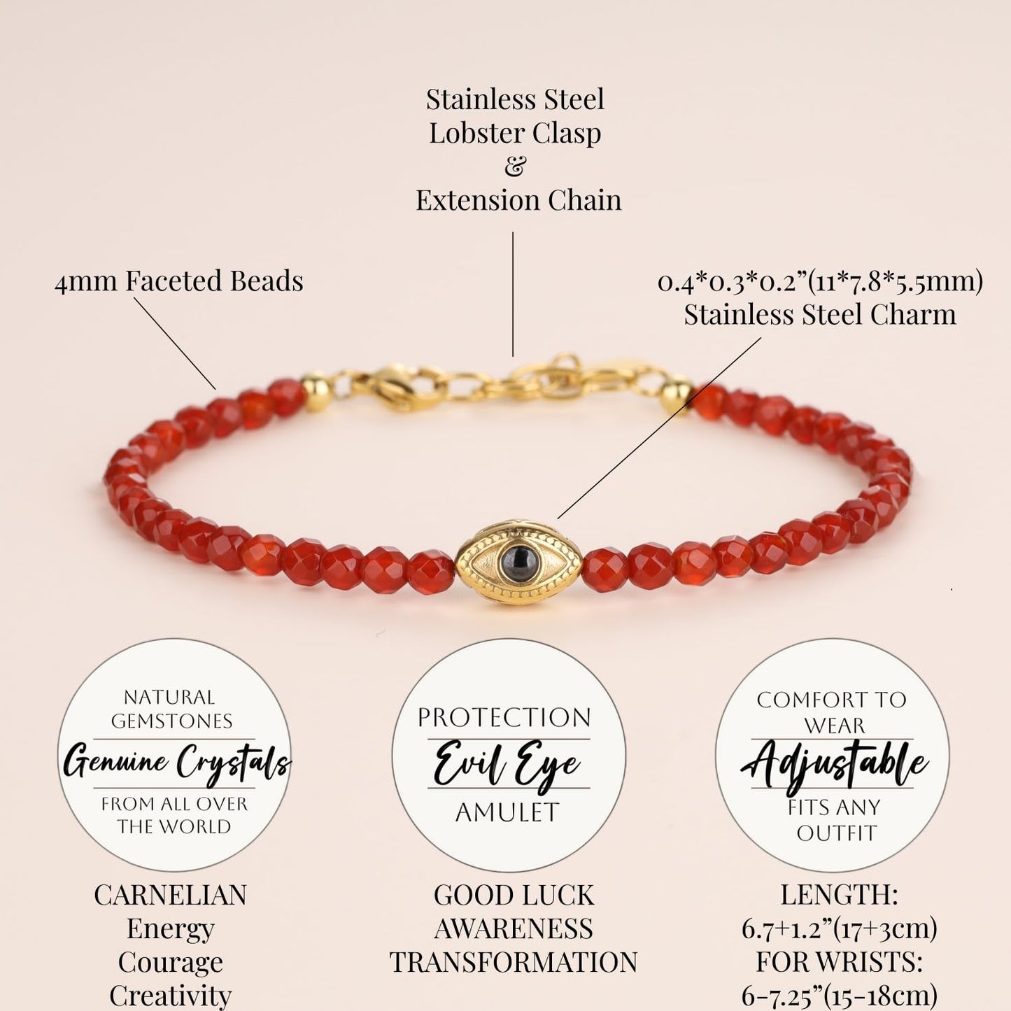 COAI Red Carnelian Bracelet for Women, Crystal Beads Dainty Evil Eye Bracelet for Women 4mm