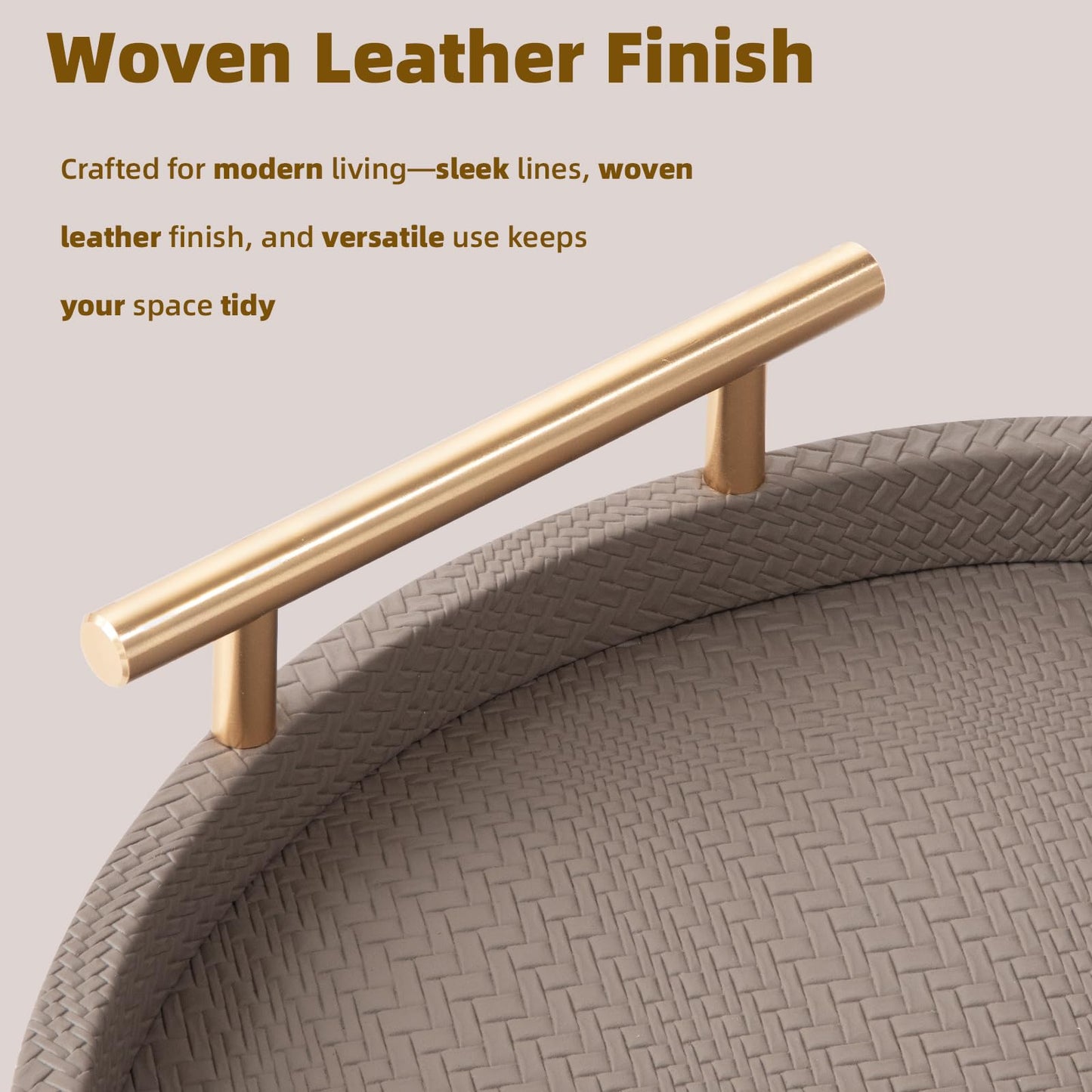 MACVAD 2 Piece Coffee Brown Round Serving Tray with Handles, Woven-Texture Faux Leather Ottoman Tray for Living Room, Decorative Tray for Coffee Table Home Decor