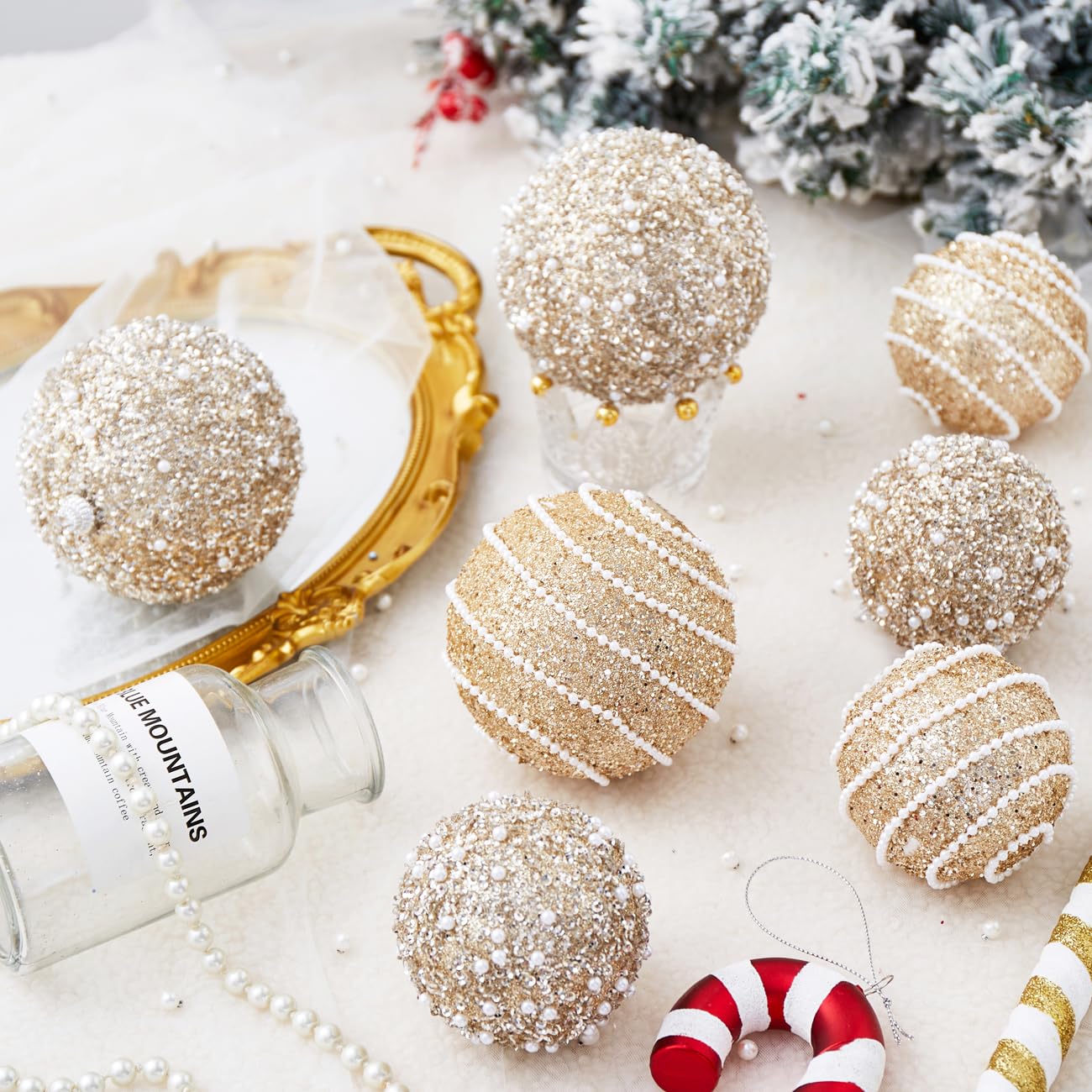 Champagne Gold Christmas Ball Ornaments, Christmas Ball Decorations Shatterproof Plastic Hanging Pearl Balls for Holiday Party(70mm/2.76", 12ct)
