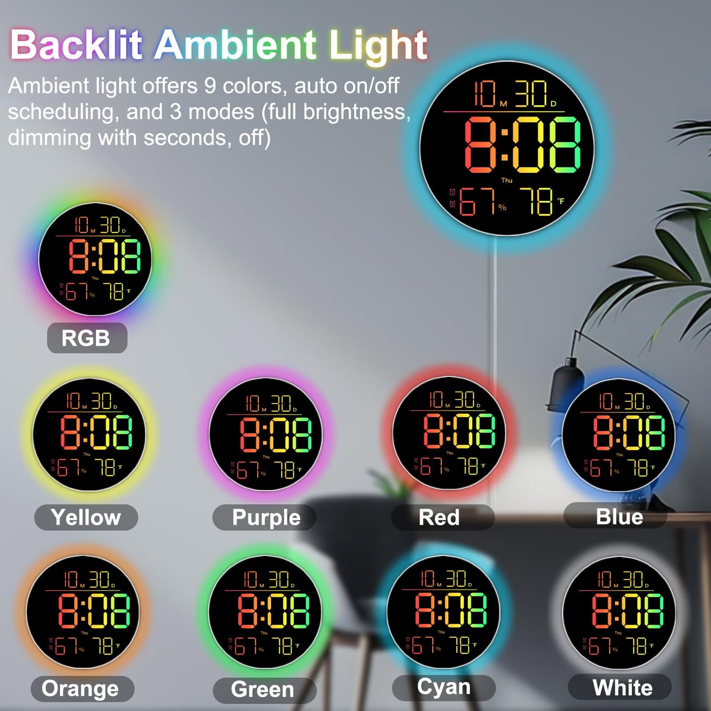QINFIEY 10 Inch LED Wall Clock with RGB Ambient Light, Auto-Dimming, RGB Color/Time/Date/Temp/Humidity Display, Dual Alarms & Timer, Adjustment Brightness,Digital Round Clock for Bedroom Classroom