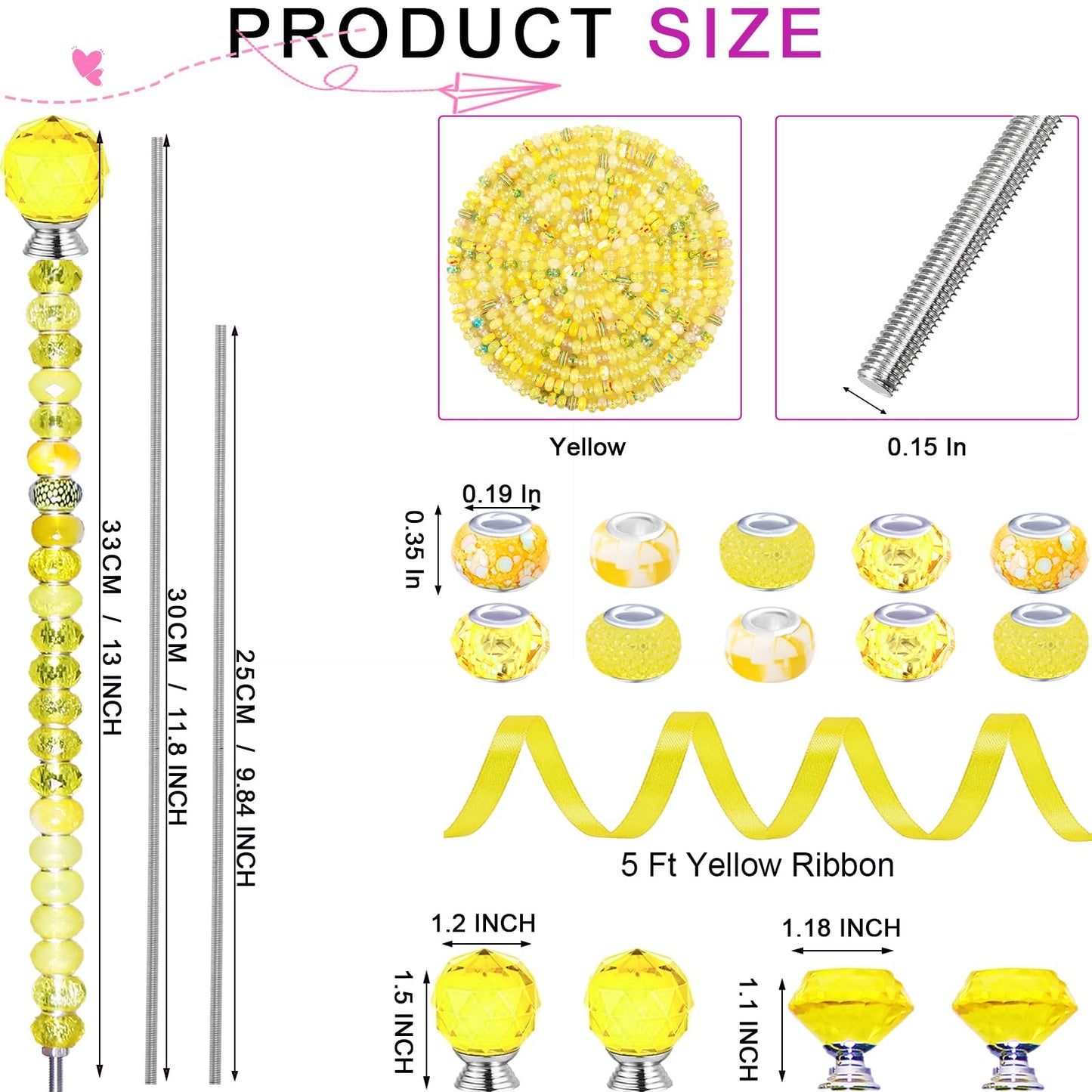 119 Pcs Garden Stake DIY Fairy Wand Plant Stake with Yellow Large Hole Beads Crystal Diamond Stopper Top 4 Stainless Steel Threaded Rod Beaded Garden Stakes for Outdoor Indoor Yard Patio Decorations