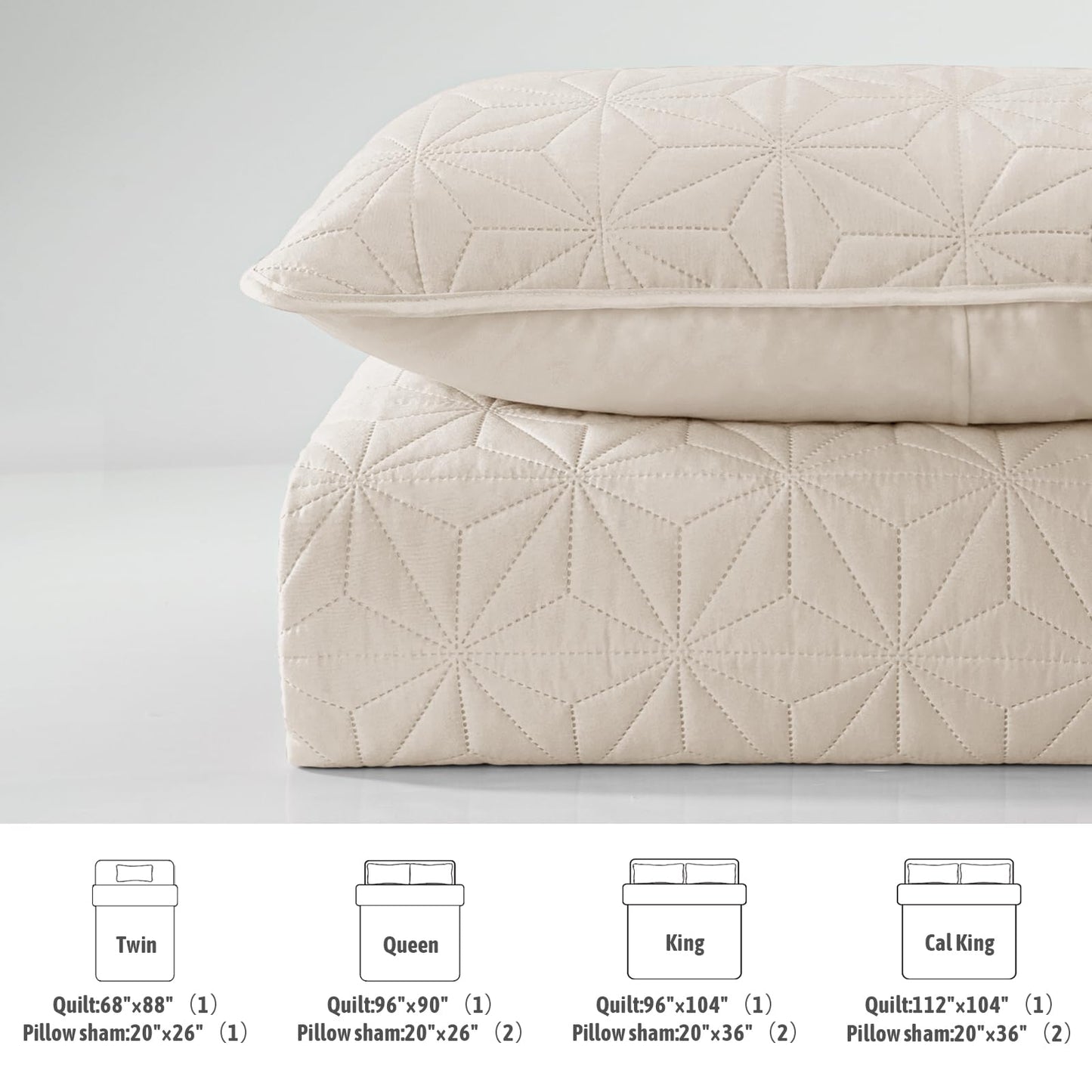 Whale Flotilla Queen Quilt Bedding Set, Soft Brich Beige Bedspreads Quilts Queen Full Size for All Seasons, 3 Pieces Lightweight Geometric Star Pattern Coverlet