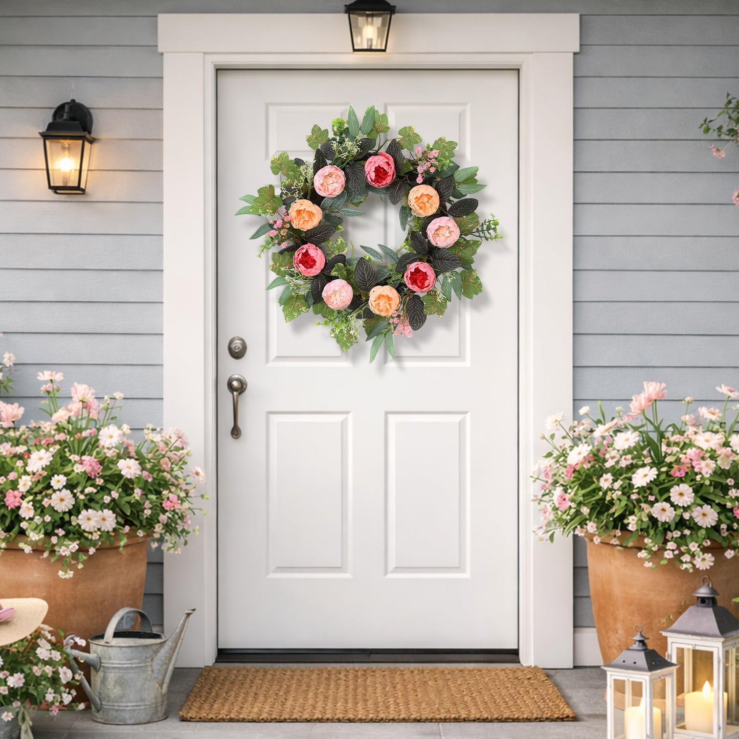 20" Peony Wreath for Front Door – Spring Summer Artificial Pink Peony Floral Wreath for Wall, Window, and Wedding Decor