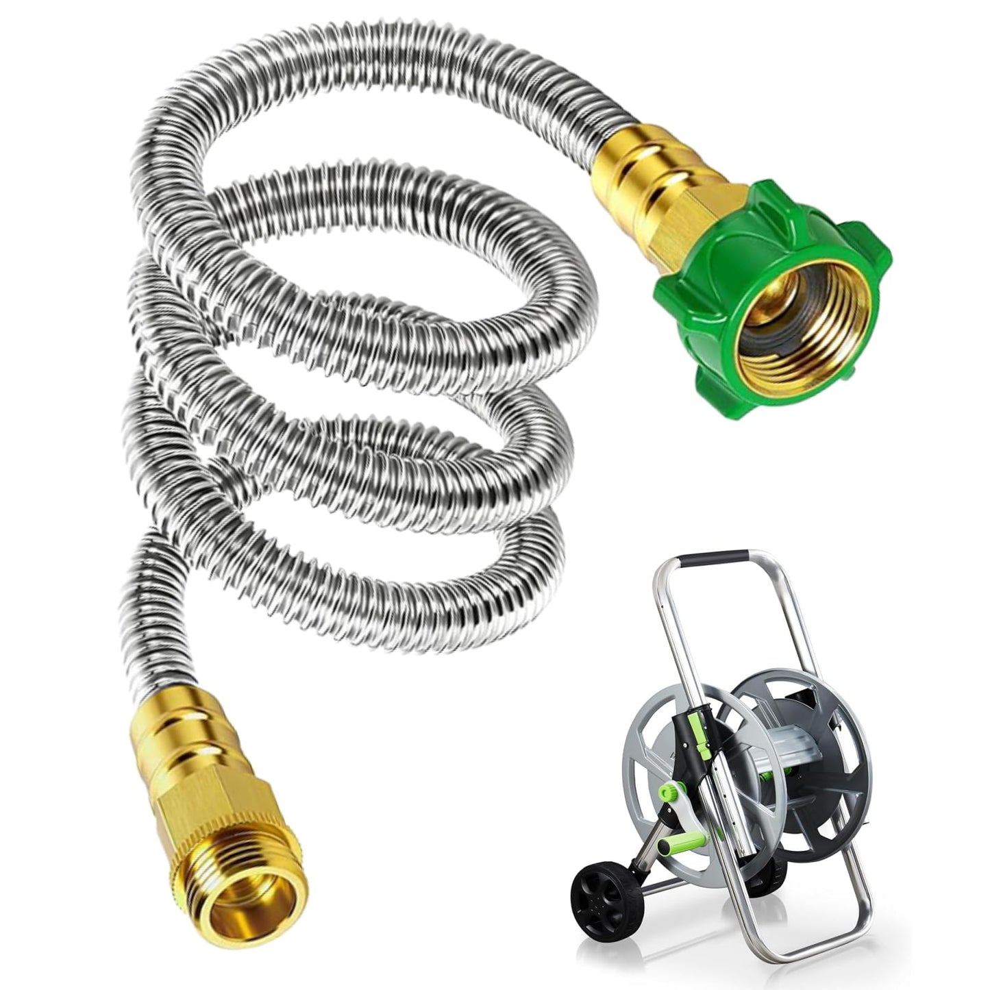 EXJEXJ Short Garden Hose Connector 5FT, Metal Hose Connector for Hose Reel,304 Stainless Steel Male to Female Leader Garden Hose for Hose Reel