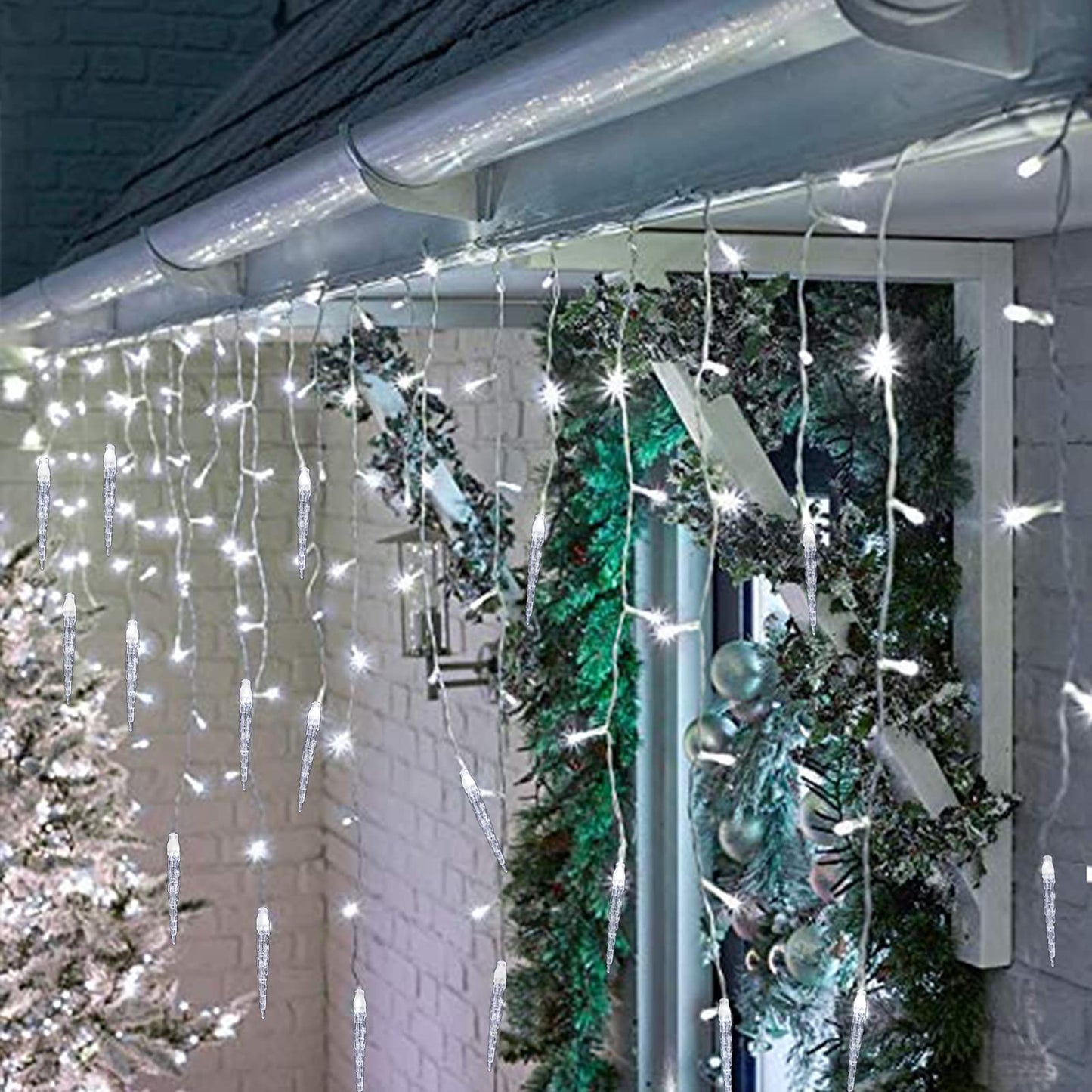 Icicle Christmas Lights, 29.5ft 360 LED Connectable Icicle String Lights with 60 Drops, Window Curtain Fairy Light with 8 Modes, Christmas Fairy Twinkle Light for Garden Eaves Xmas Decorations (White)