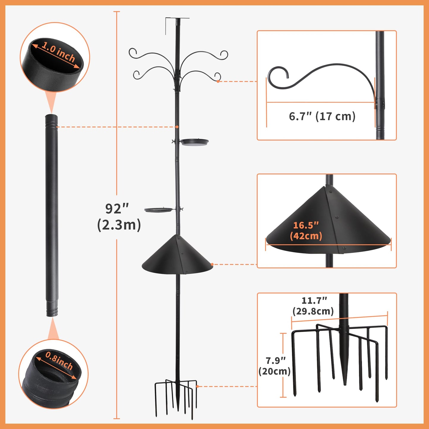 eWonLife 92 Inch Squirrel Proof Bird Feeder Pole with 9 Prongs Base, 1 Inch Dia Bird House Pole, Heavy Duty Bird Feeder Stand, Adjustable Shepherds Hooks for Outdoor with Squirrel Baffle Birdbath Tray