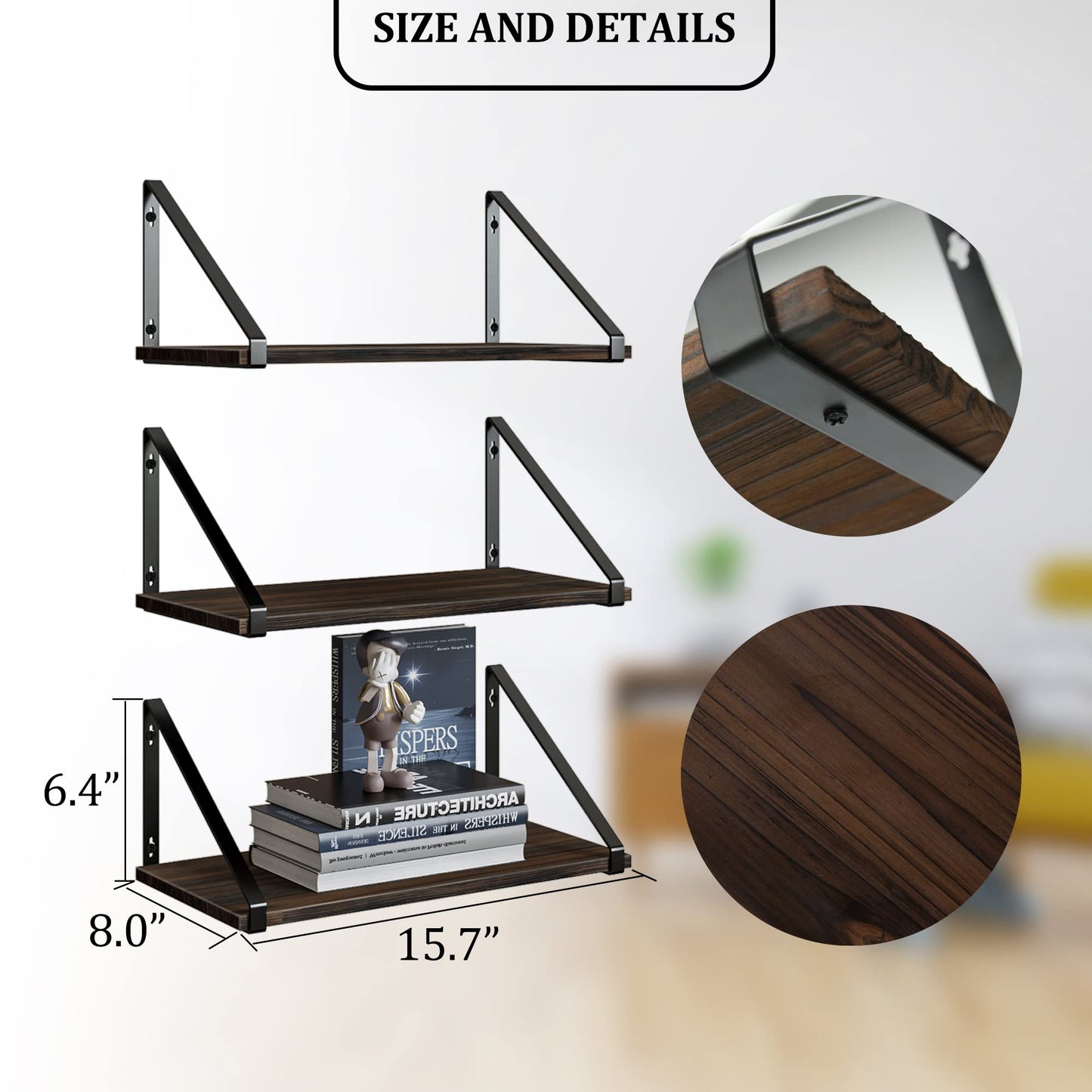BAMEOS Floating Shelves Rustic Wood Wall Shelf, Small Bookshelf for Living Room, Office, Bedroom, with Metal Bracket