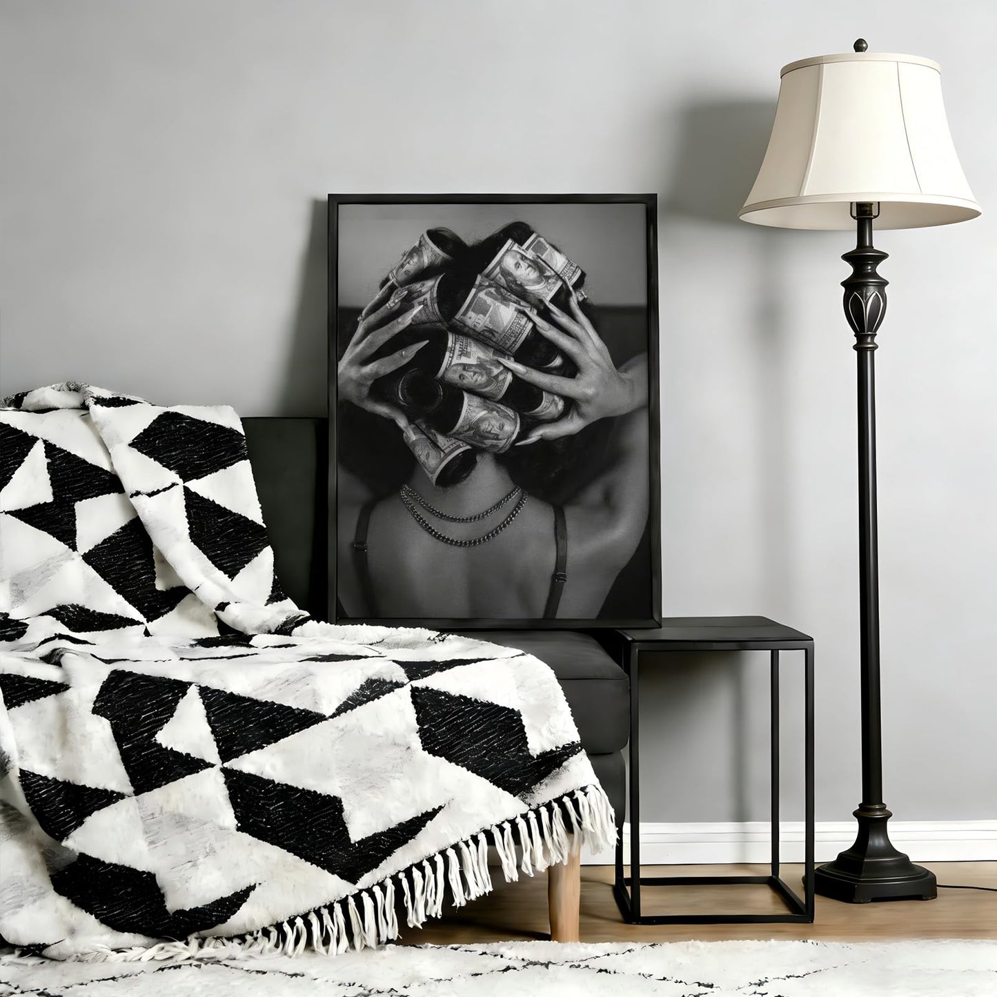 Framed Black and White Fashion Canvas Wall Art Luxury Feminist Picture Wall Decor Trendy Woman with Money on Head Poster Print for Girls Bedroom Apartment Dorm Bar Cart Home Decoration 12x16in