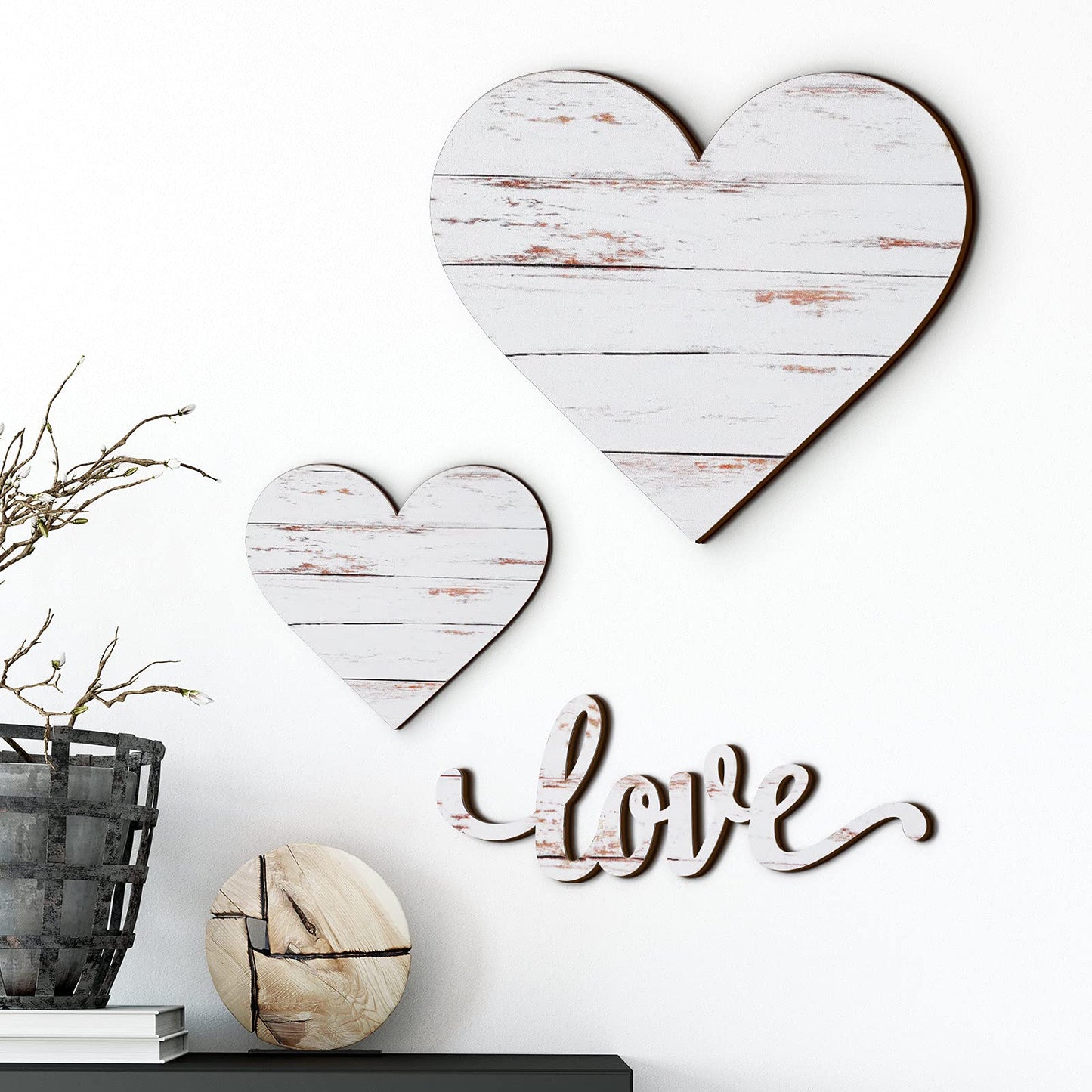 Chitidr 3 Pcs Wooden Hearts Decor Heart Wooden Sign Rustic Hanging Love Plaque for Wall Home Farmhouse Living Room Bedroom Gifts(White)