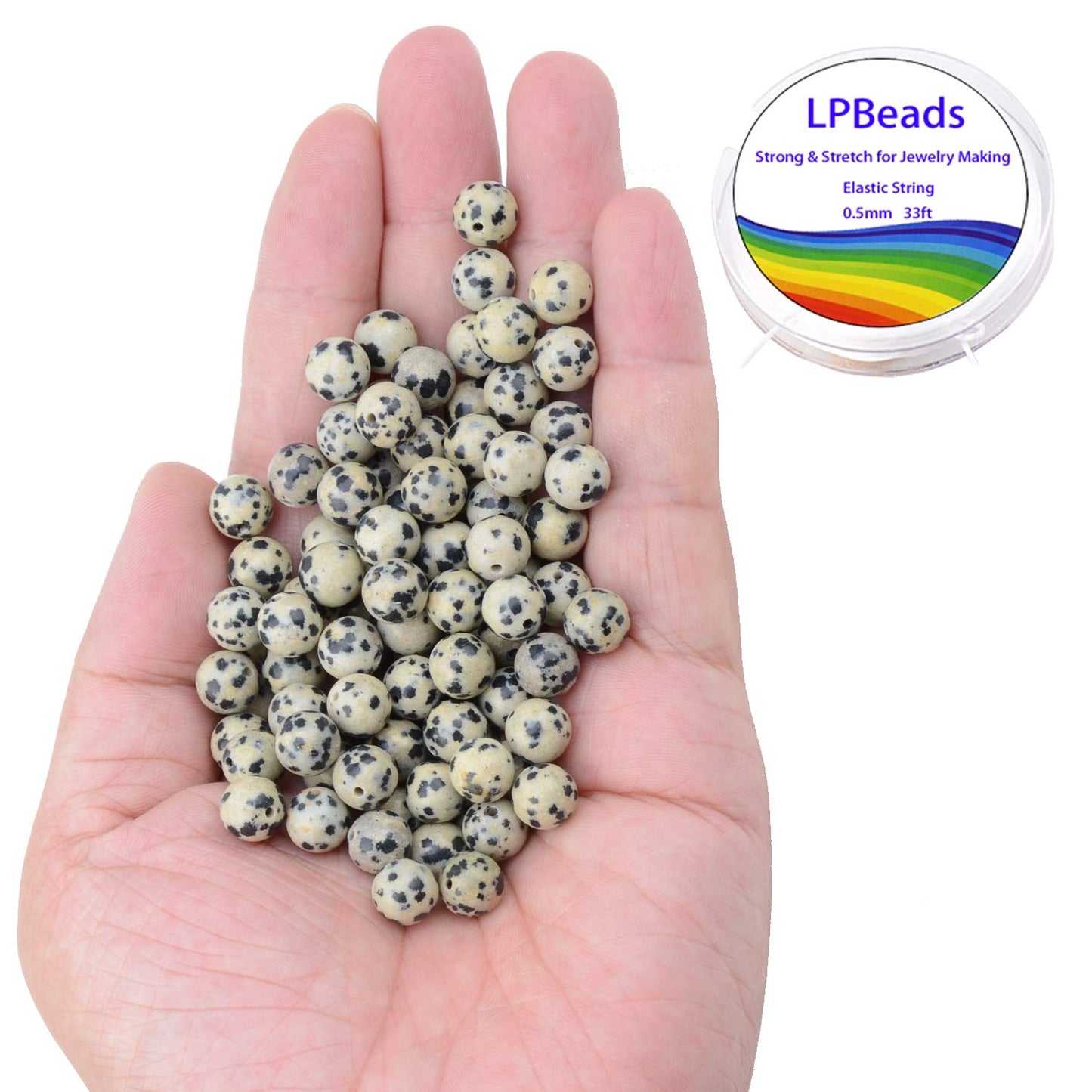 LPBeads 100PCS 8mm Natural Dalmatian Beads Gemstone Round Loose Beads for Jewelry Making with Crystal Stretch Cord