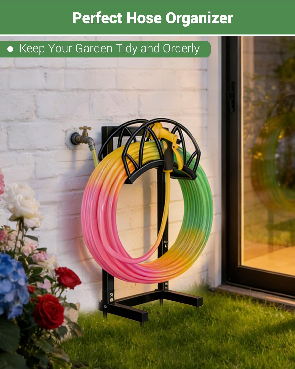 HZE Garden Hose Holder, Freestanding Water Hose Holder Stand for Outside, Heavy Duty Detachable Metal Garden Tube Storage Hanger Rack Holds 160 FT for Yard Lawn Farm, Black