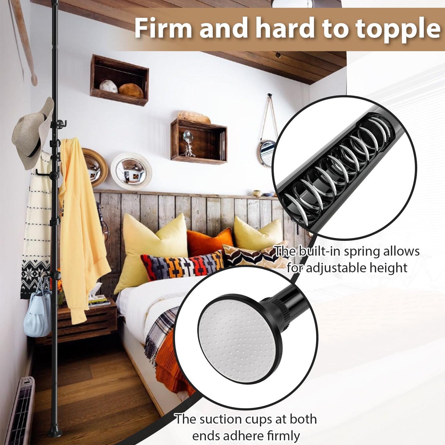 Sempicad Coat Rack Freestanding, 56 to 125 inch Adjustable Tension Rod Hanger with 12 Hooks for Hanging Coat, Plant,Jacket, Hat, Scarf, Suitable for Living Room, Balcony, Kitchen Black