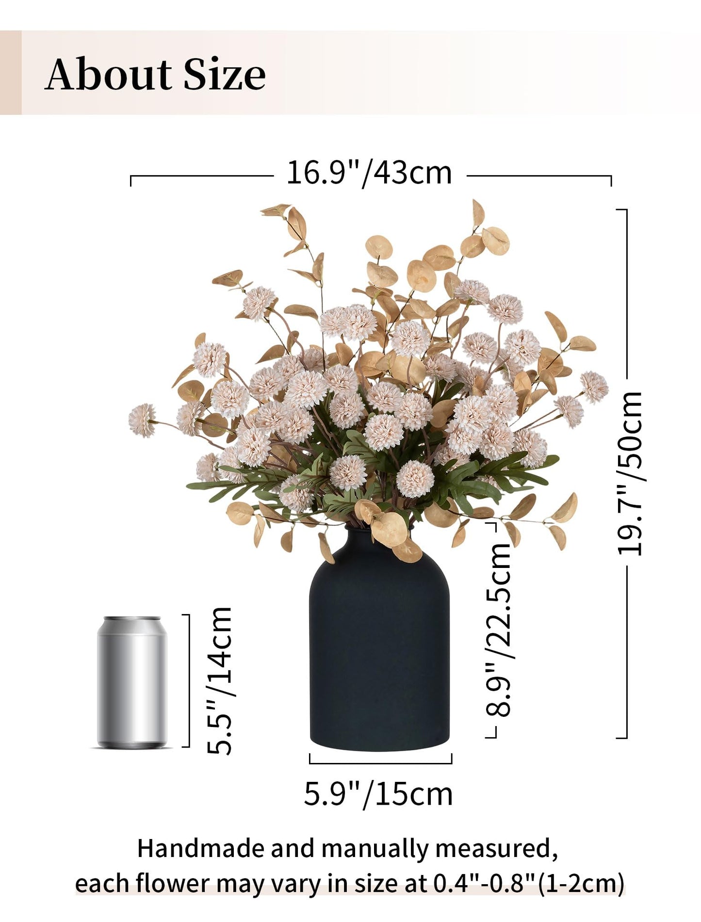 BLOSMON Fake Flowers Centerpieces for Tables: Gifts for Women Metal Vase with 12 Stems of Artificial Mums Kiku Eucalyptuses for Dining Room - Beige Faux Floral Arrangements in vase for Mothers Day