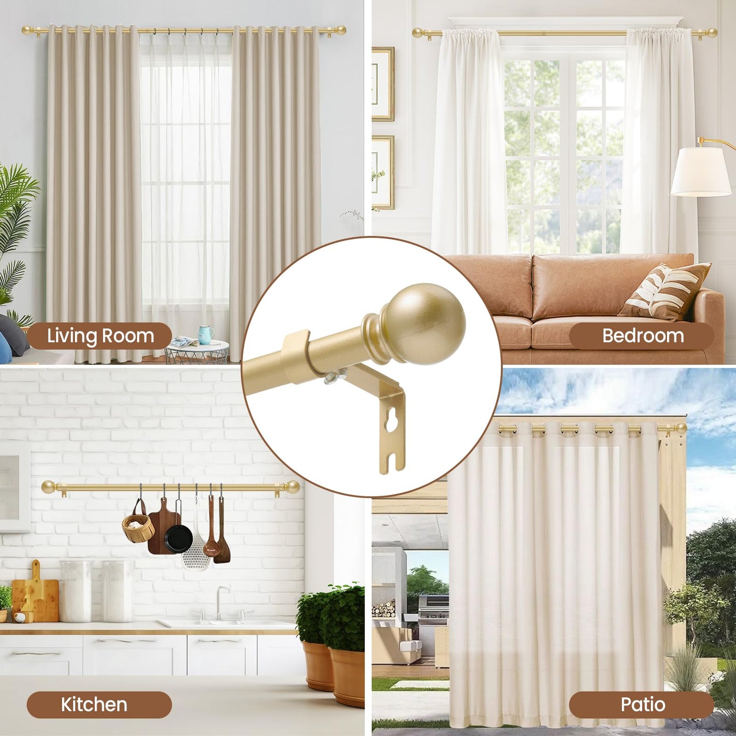 Gold Curtain Rod for Windows 28 to 48 Inch, 5/8 Inch Diameter Heavy Duty Splicing Adjustable Curtain Rods With Brackets, Easy to Install, Suitable for Bedroom, Patio and Outdoor