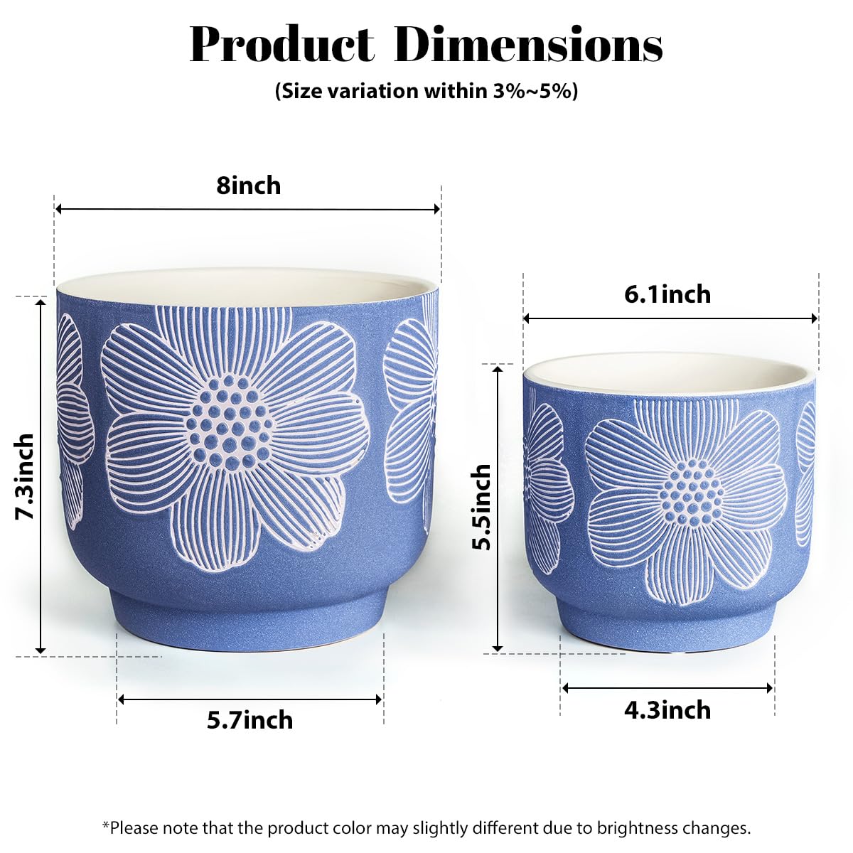 YBX 8 Inch + 6 Inch White Flower Pattern Plant Pots, Sand Glazed Ceramic Planter with Drainage Hole, Flower Pots for Indoor Plants, Blue