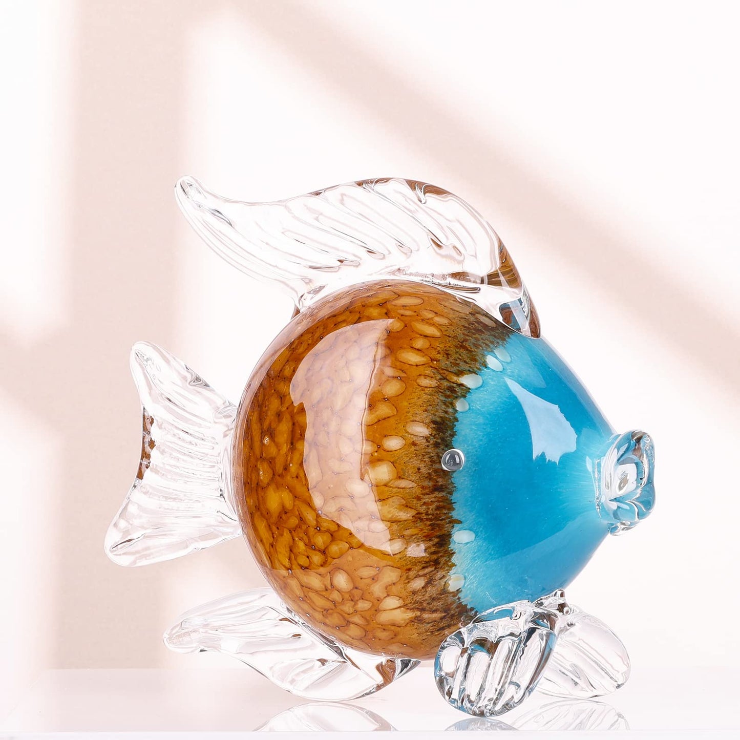 LCCCK Large Glass Fish Figurines Hand Blown Glass Fish Statue and Sculpture Home Decor, Murano Animal Tropical Sea Glass Paperweights for Desk, Glass Aquarium Coastal Beach Decorative (Brown)
