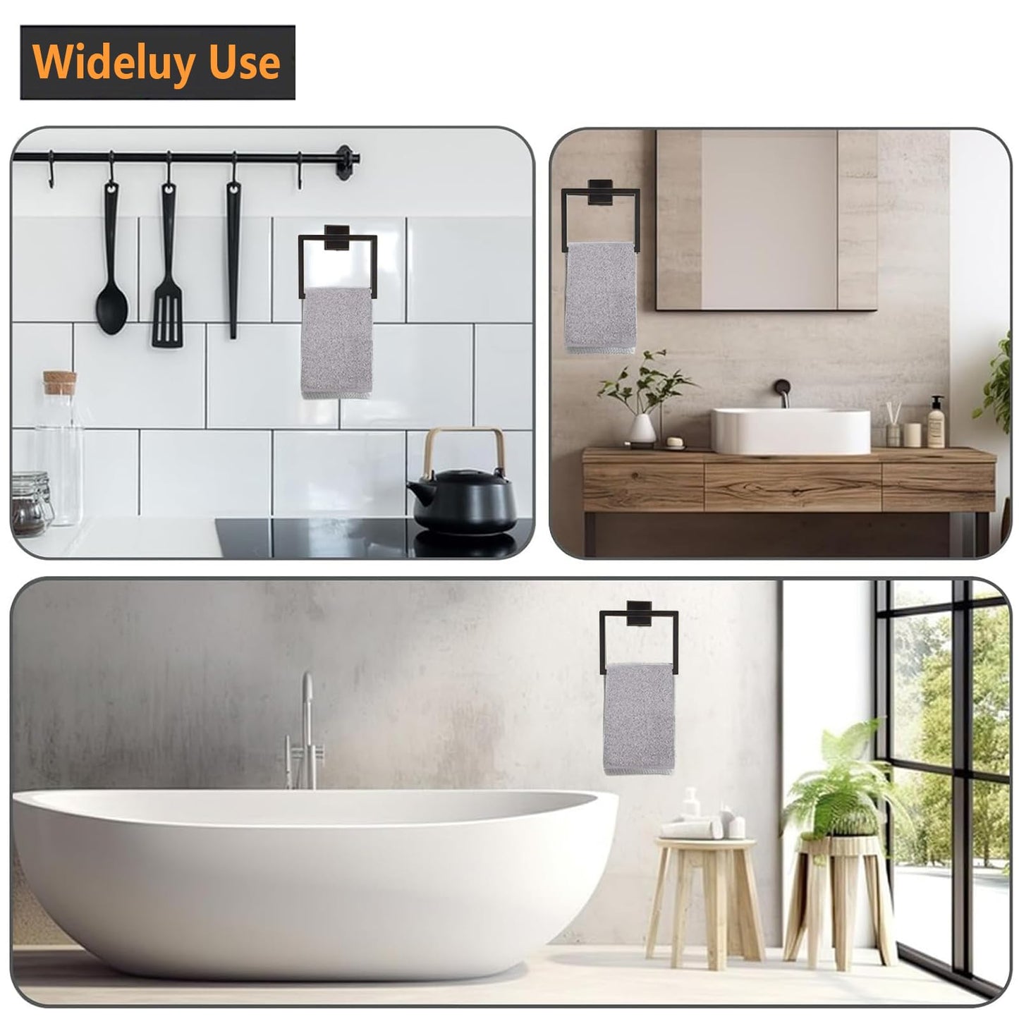 JOPOFI Towel Ring - Thicken SUS 304 Stainless Steel Towel Holder, Towel Racks for Bathroom, Square Modern Design Hand Towel Holder, Contemporary Hand Towel Bar - Matte Black