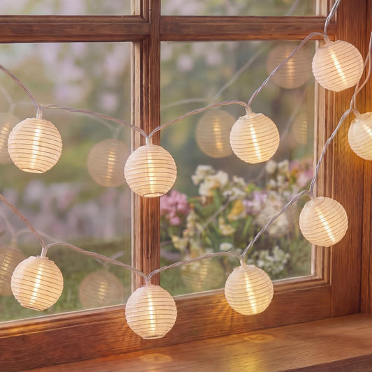 White Lantern String Lights Plug in, 8.5Ft Hanging Indoor Decorative String Lights with 10 Cute White Nylon Lanterns Lights Connectable for Indoor Outdoor Bedroom Ramadan Backyard Patio Bistro Decor