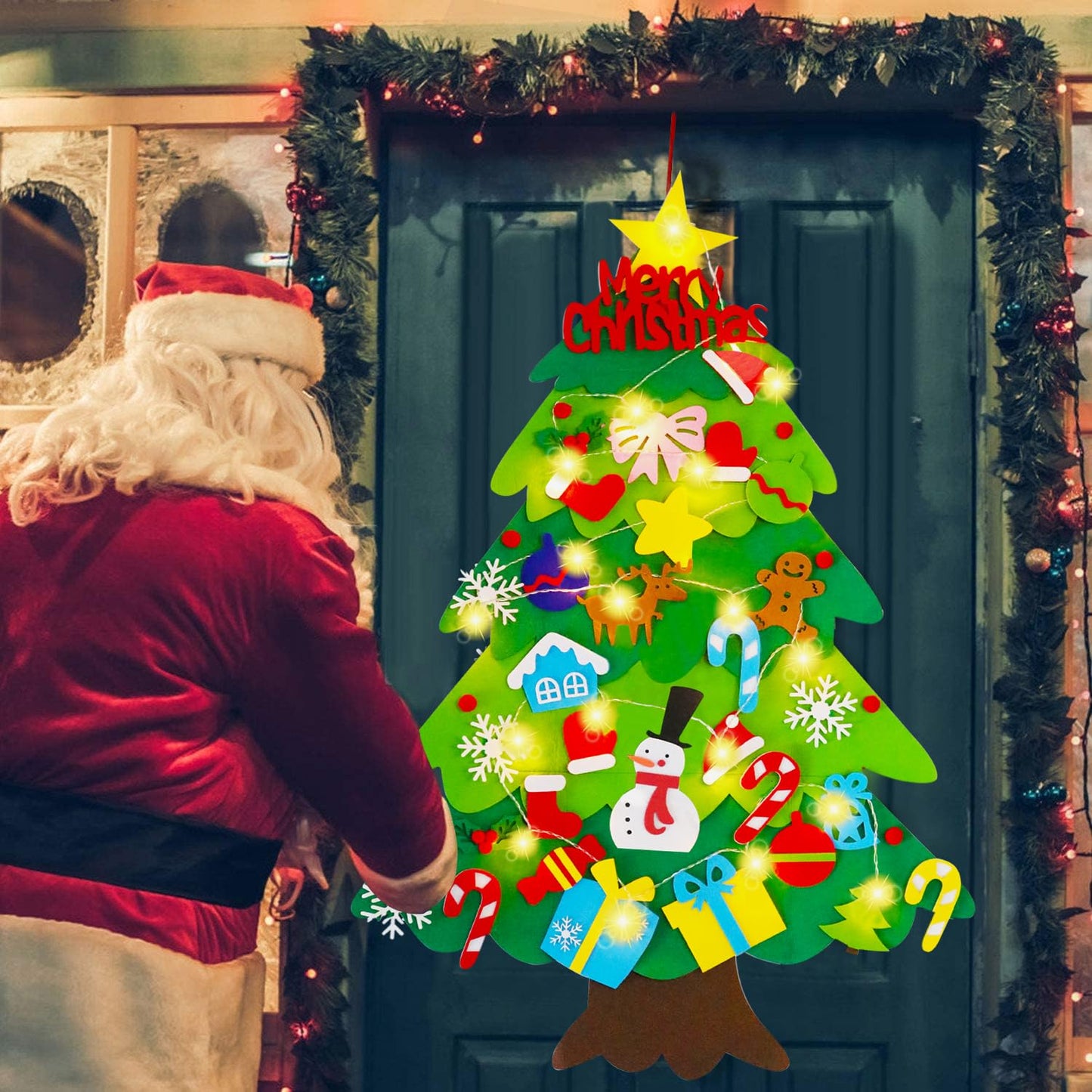 EMPOF Felt Christmas Tree for Toddlers - 3.3ft Felt DIY Tree Set for Kids Wall with Snowflake Lights + 32 Ornaments, Indoor Christmas Home Wall Hanging Decor Decorations, Xmas Activities Gifts