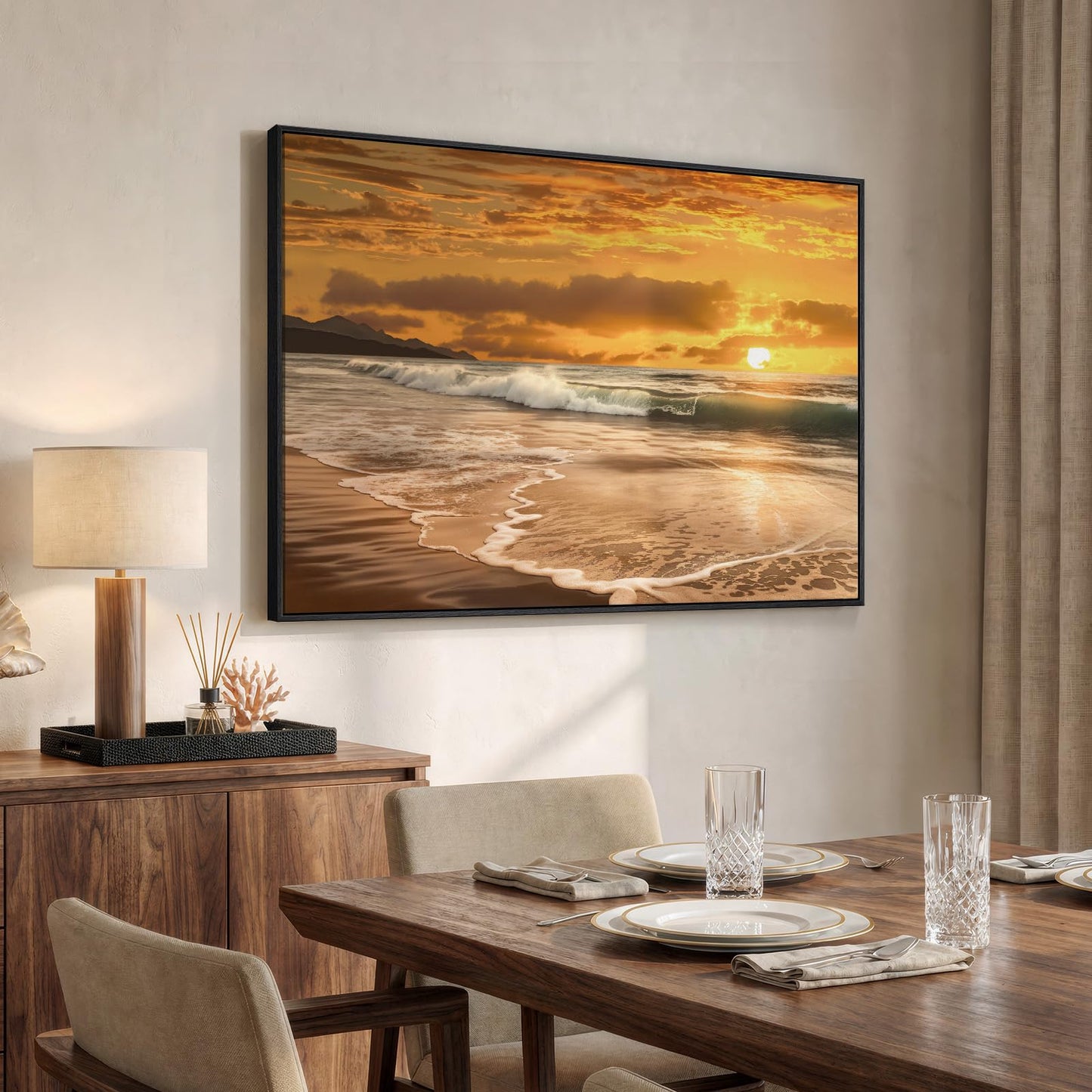 Framed Coastal Beach Wall Art, Ocean Landscape Large Canvas Prints Paintings Artwork for Walls, Gold Sunset Pictures Wall Decor for Bedroom Dining Room Living Room Bathroom Hallway Farmhouse, 24x36 In
