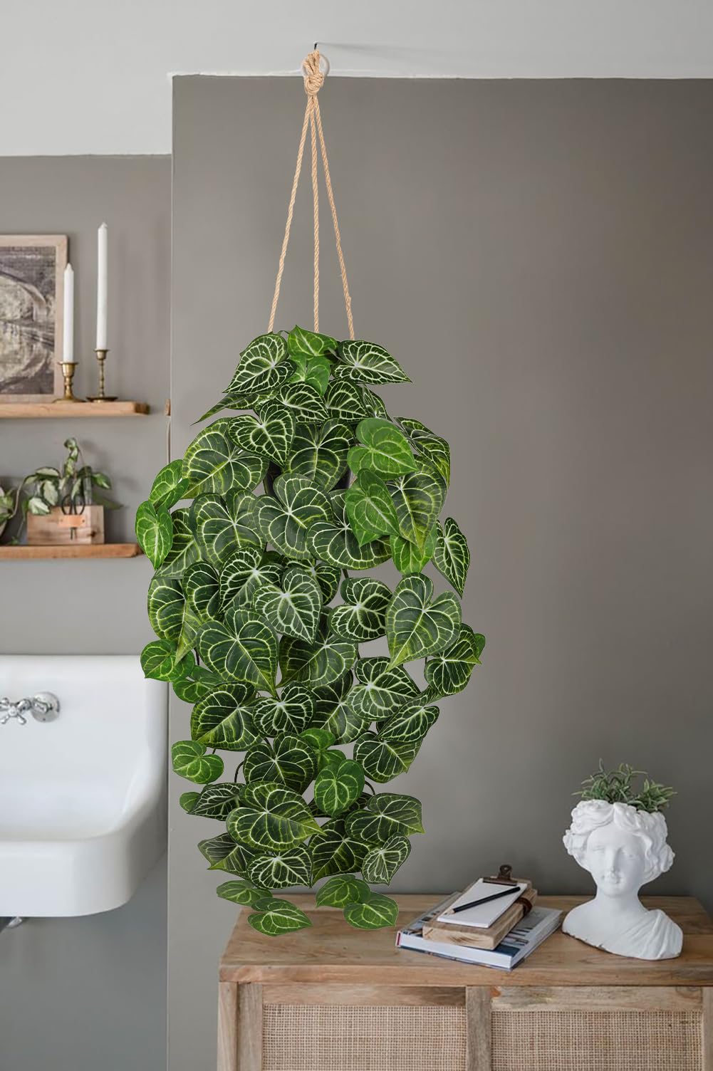 Large Fake Hanging Plants in Pot with Hook, 37" Artificial Hanging Pothos Long Vines Plants, Fake Potted Greenery Plant for Room Wall Living Room Bathroom Kitchen, Big Faux Ivy Houseplants for Shelf