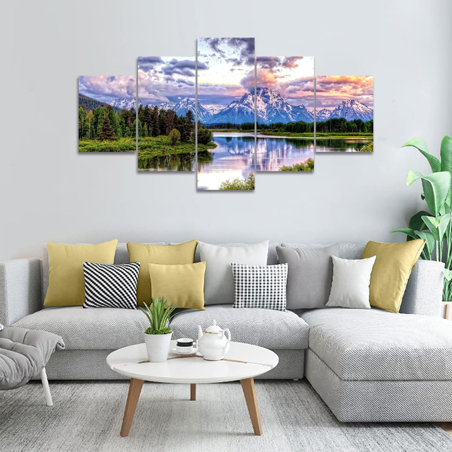 SKASNFAI 5 Pieces Mountain Grand Teton Canvas Paintings Nature Scenery Pictures Posters American National Park Landscape Wall Art Framed Decor Ready to Hang (60Wx32H)