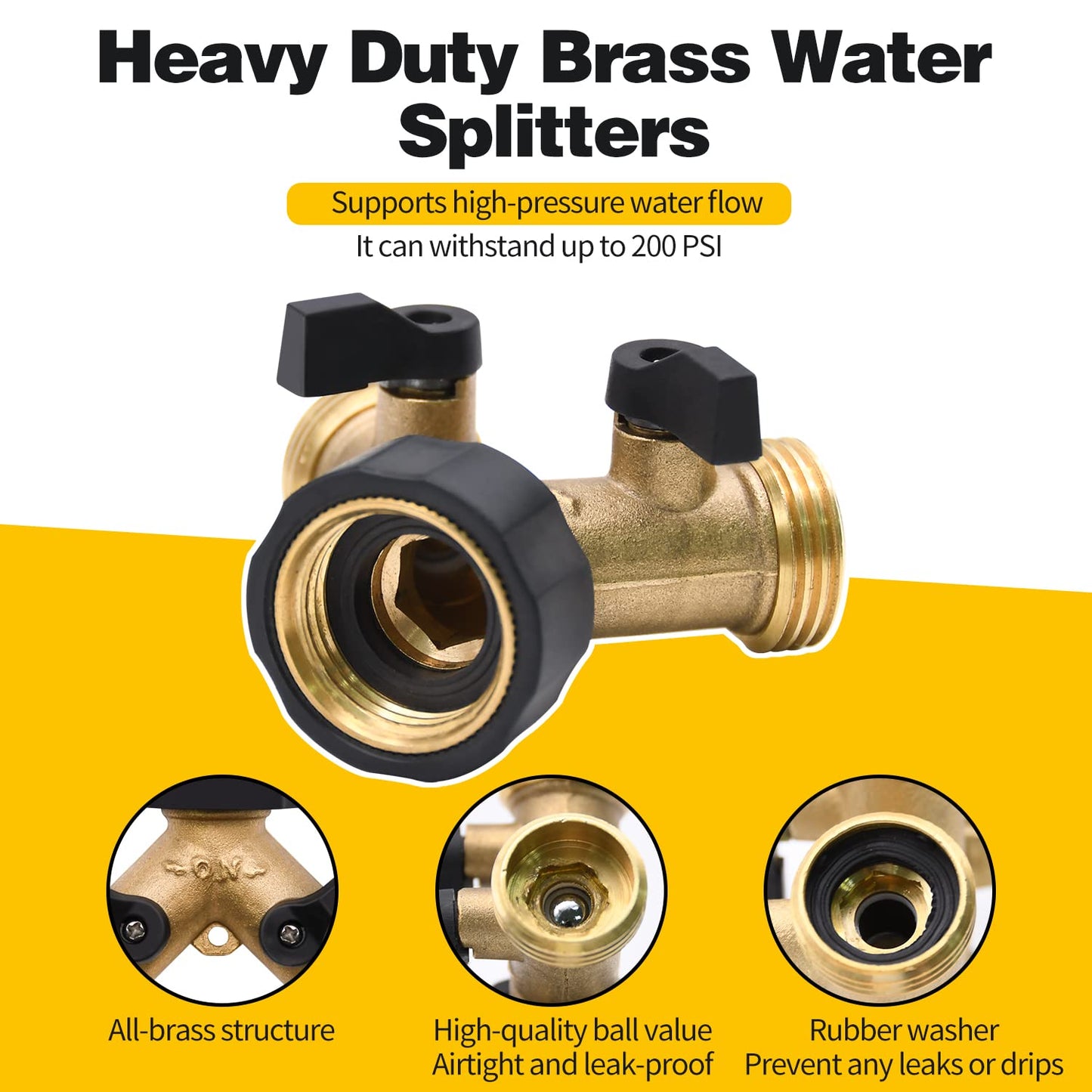 4 Pack Hose Splitter, 2 Way Heavy Duty Brass Garden Hose Splitter, for 3/4" Hose Connector, Brass Garden Hose Manifold with Rubber Washers & Tapes
