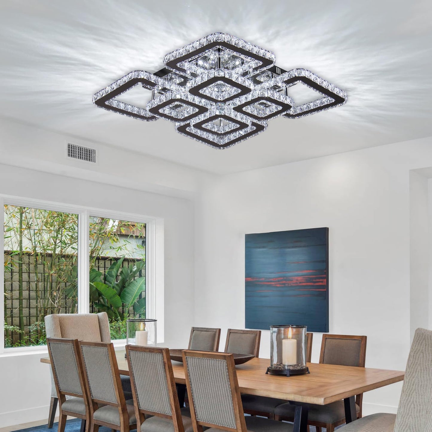 FRIXCHUR 20”Crystal Chandelier Square Led Crystal Flush Mount Ceiling Light 8 Lights Modern Crystal Ceiling Pendant Light Led Crystal Chandelier for Living Room Bedroom Cool White 6500K