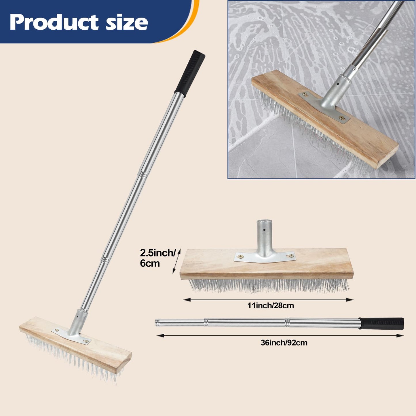 ROLKAR Floor Scrub Brush, Deck Brushes for Scrubbing Heavy Duty, Concrete Scrubber Outdoor Broom, Metal Wire Pool Brush Stainless Steel, Garage Patio Gunite Tile Algae Moss Cleaning Tool Long Handle