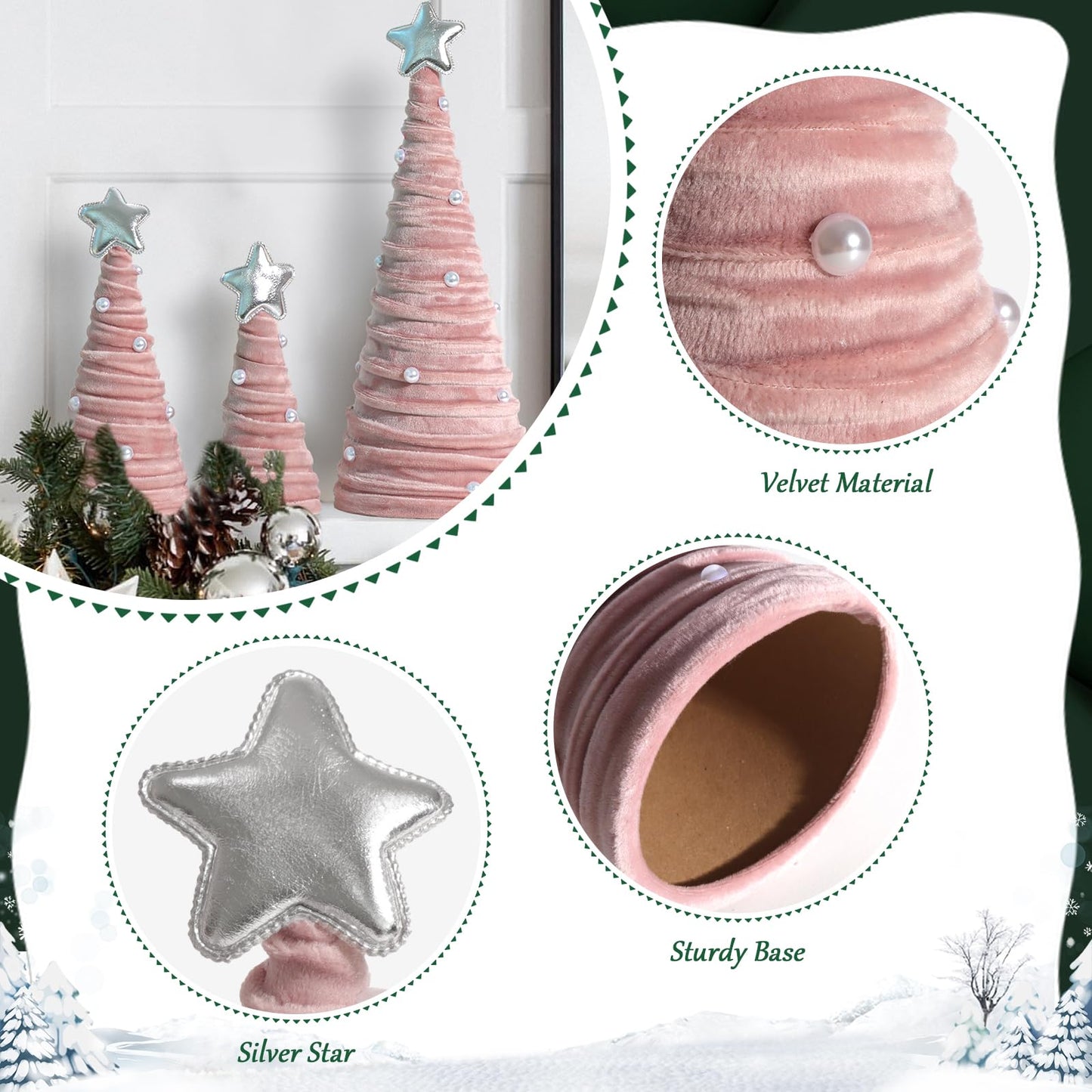 Bunny Chorus Christmas Decorations Indoor, 3Pcs Pink Velvet Cone Trees With Pearls, Table Decor for Xmas New Year Winter Holiday Home Decor