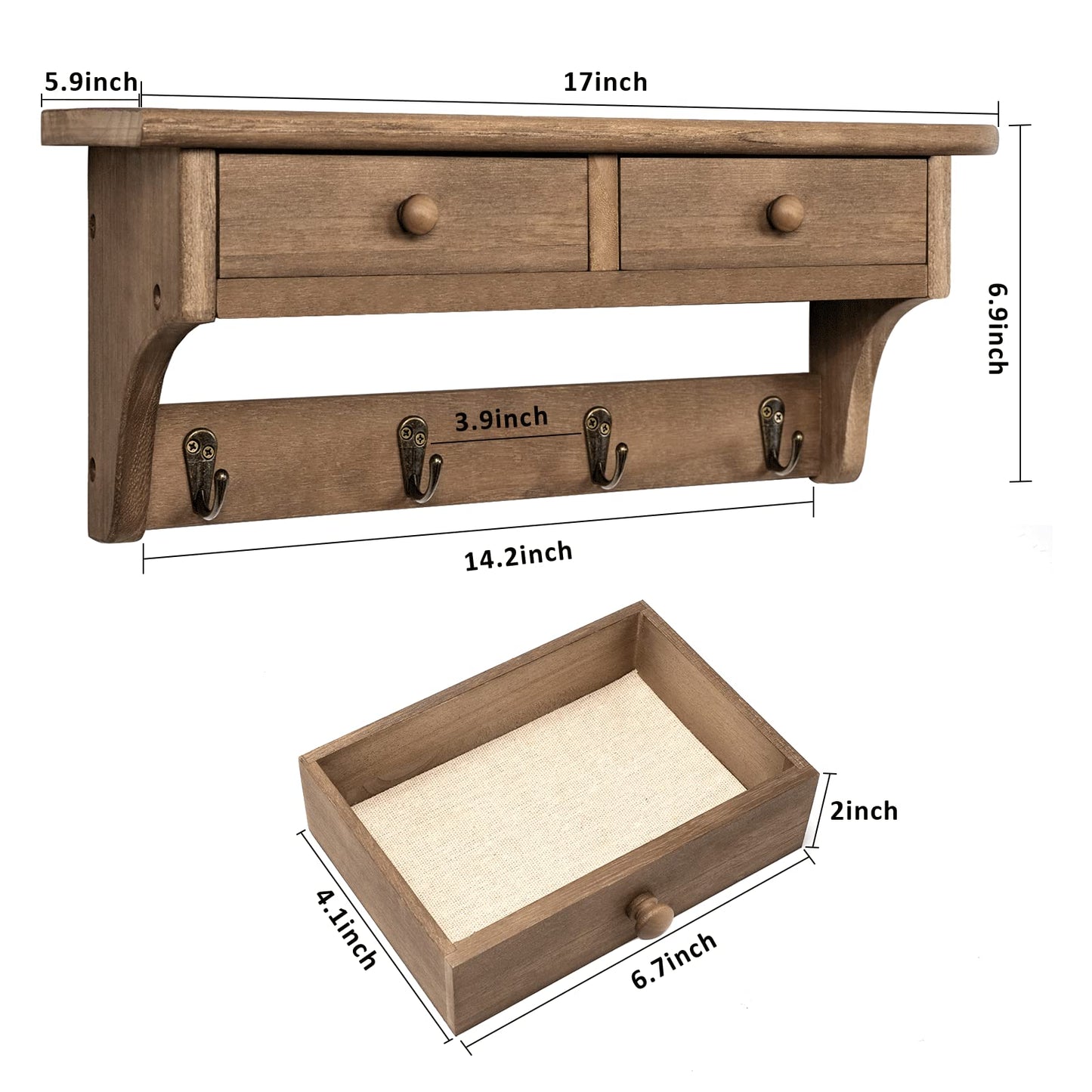 Emfogo Coat Hooks Mounted, Rustic Wood Coat Rack Mount Shelf with Hooks, Farmhouse Coat Rack with Shelf & Coat Hook for Entryway, Mudroom, Bedroom, Kitchen, Bathroom(Walnut)