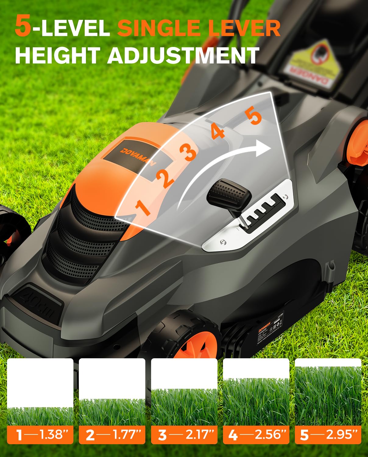 DOVAMAN 13Amp LA16M Lawn Mower, 16" Blade, 5-Position Height Adjustment, 3-Step Quick Vertical Fold Storage, 2-in-1 Mulching & Bagging, 98% Collection, Corded Lawn Mower for Your Garden