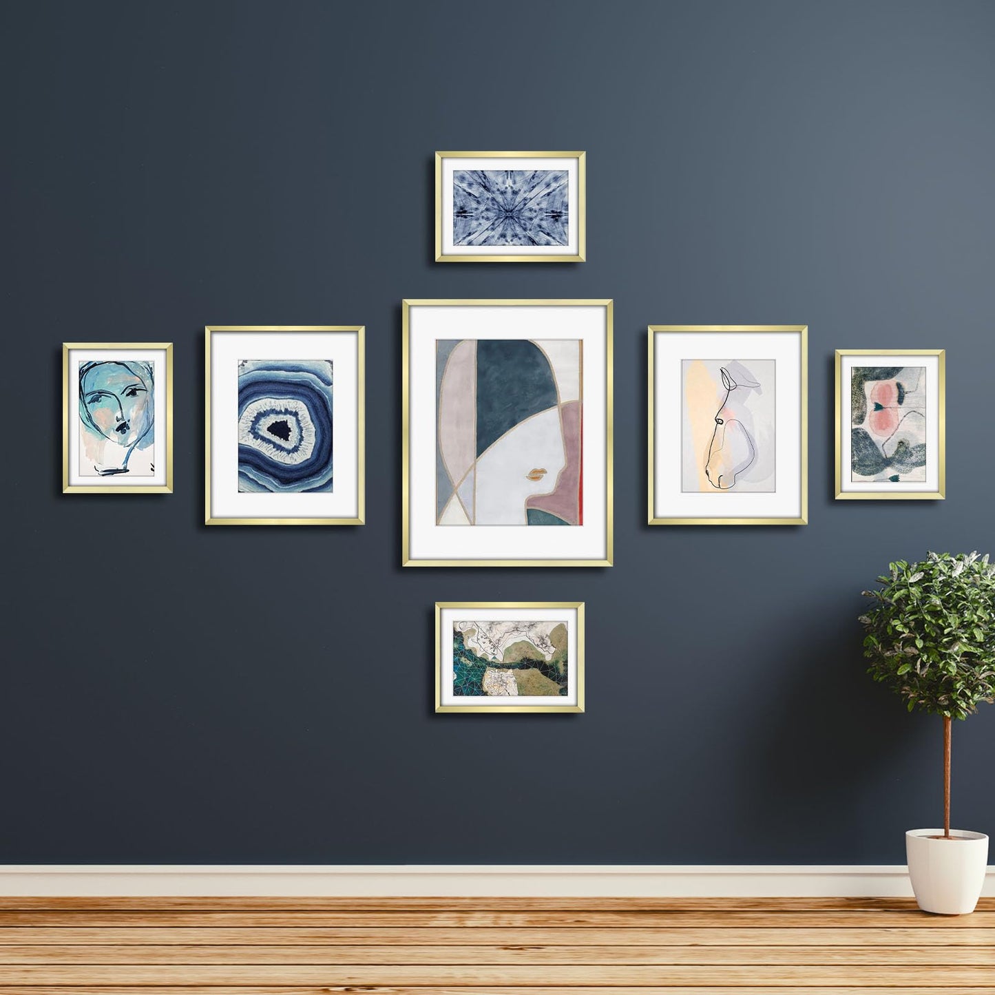 Frametory, Gold Aluminum Picture Frame with Removable Mat - Set of 7 Includes Four 5x7, Two 8x10, One 11x14 - Real Glass Front - Simple Gallery Wall Frames for Art Prints and Posters