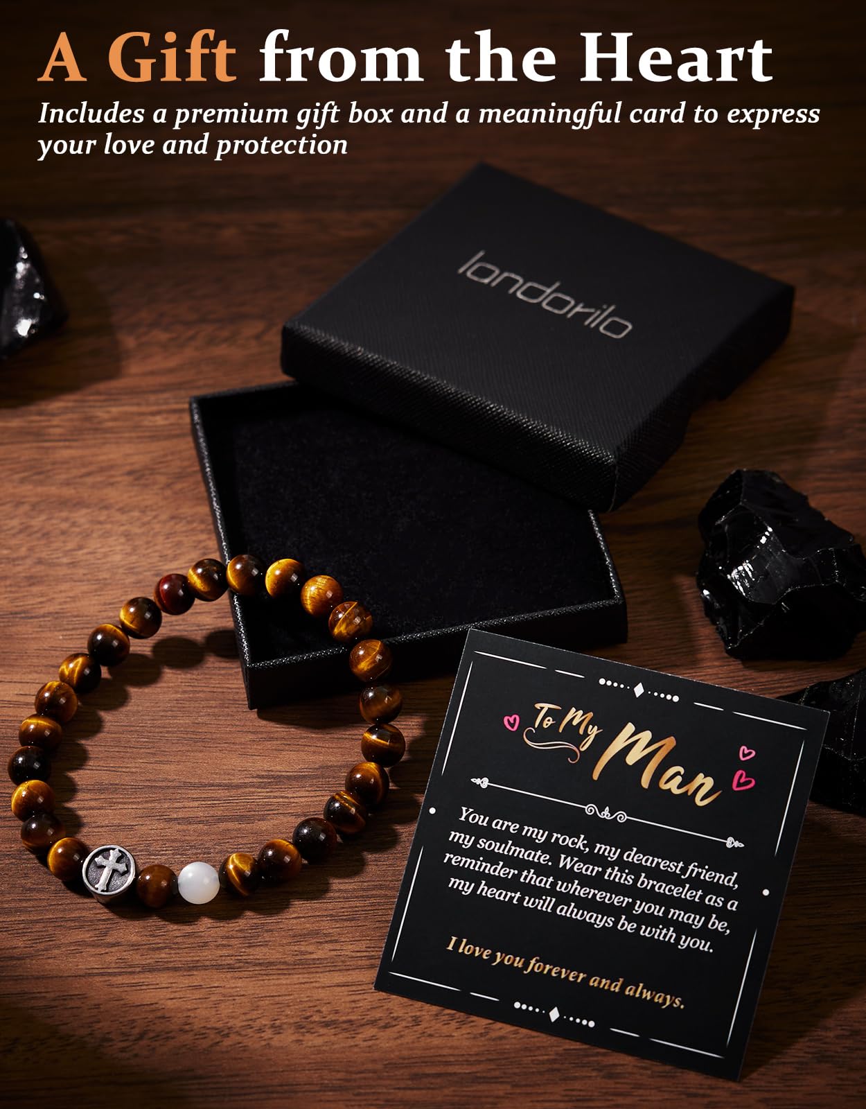 Landorilo Gifts for Men, 8mm Cross Natural Stone Beaded Bracelets, Yellow Tiger Eye Healing Bracelet, Handmade Mens Jewelry Gift for Him, Husband, Son, Father, Friend(Happy Birthday-7.5in)
