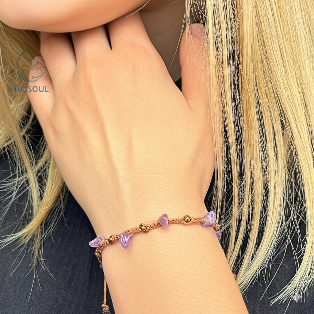 PusSoul Handmade Amethyst Small Crystal Bracelet (6.5-7.5'') - Adjustable & Plus Size, Natural Healing Crystal Chips, Waterproof, Chakra Beaded - Unusual Jewelry for Women, Girl & Friendship from