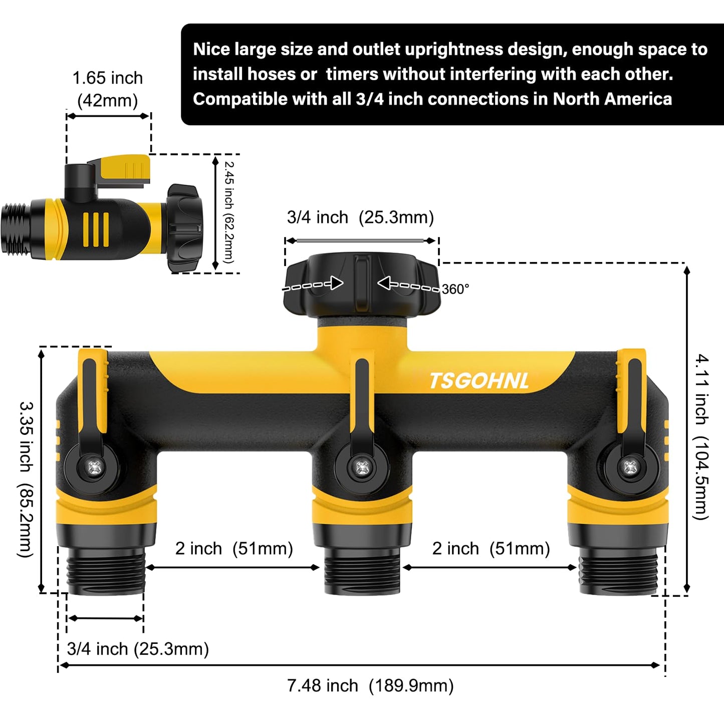 3/4-Inch Garden Hose Splitter, Outdoor Faucet Adapter, Patio Hydrant Manifold - Designed for Multiple Irrigation System Sprinkler Timers, 3-Way Hose Bib Valve-Yellow