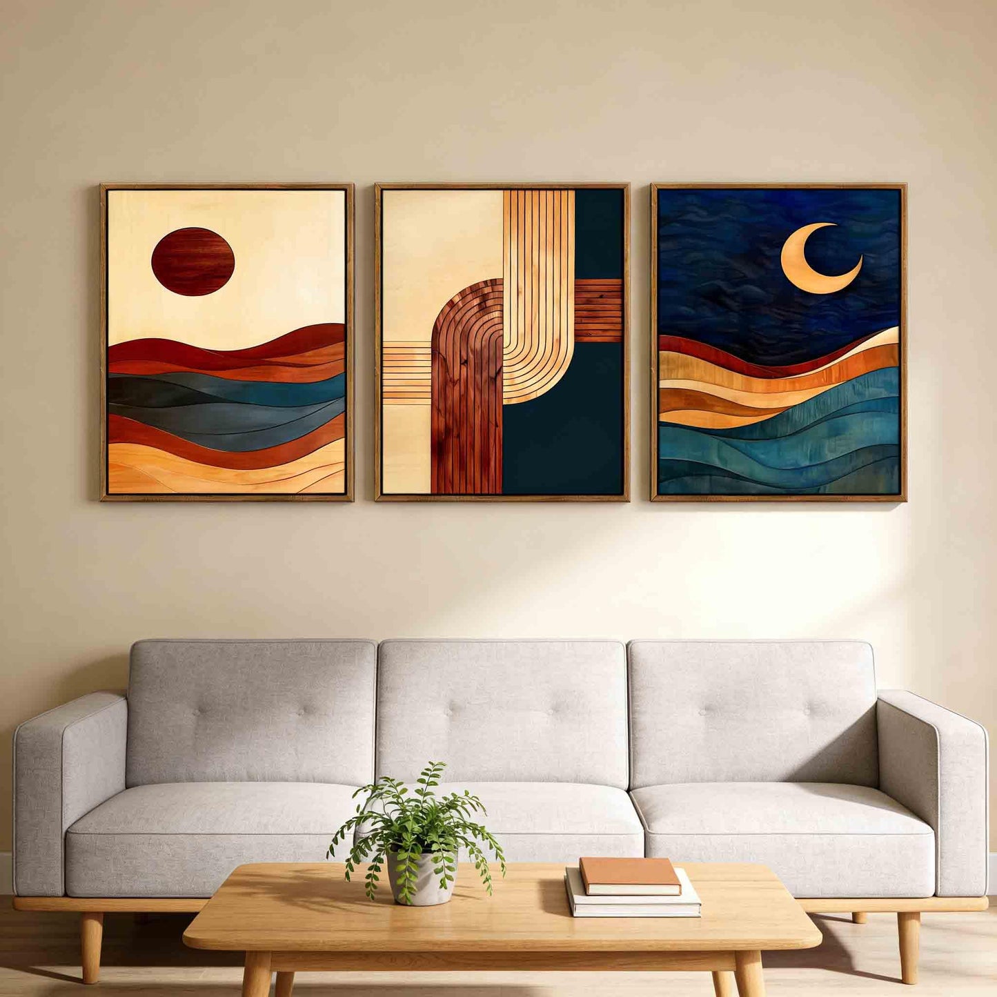 【3-Piece】 16x24 Inch Framed Sun & Moon Modern Abstract Wall Art - Boho Mid-Century Geometric Canvas Decor for Living Room