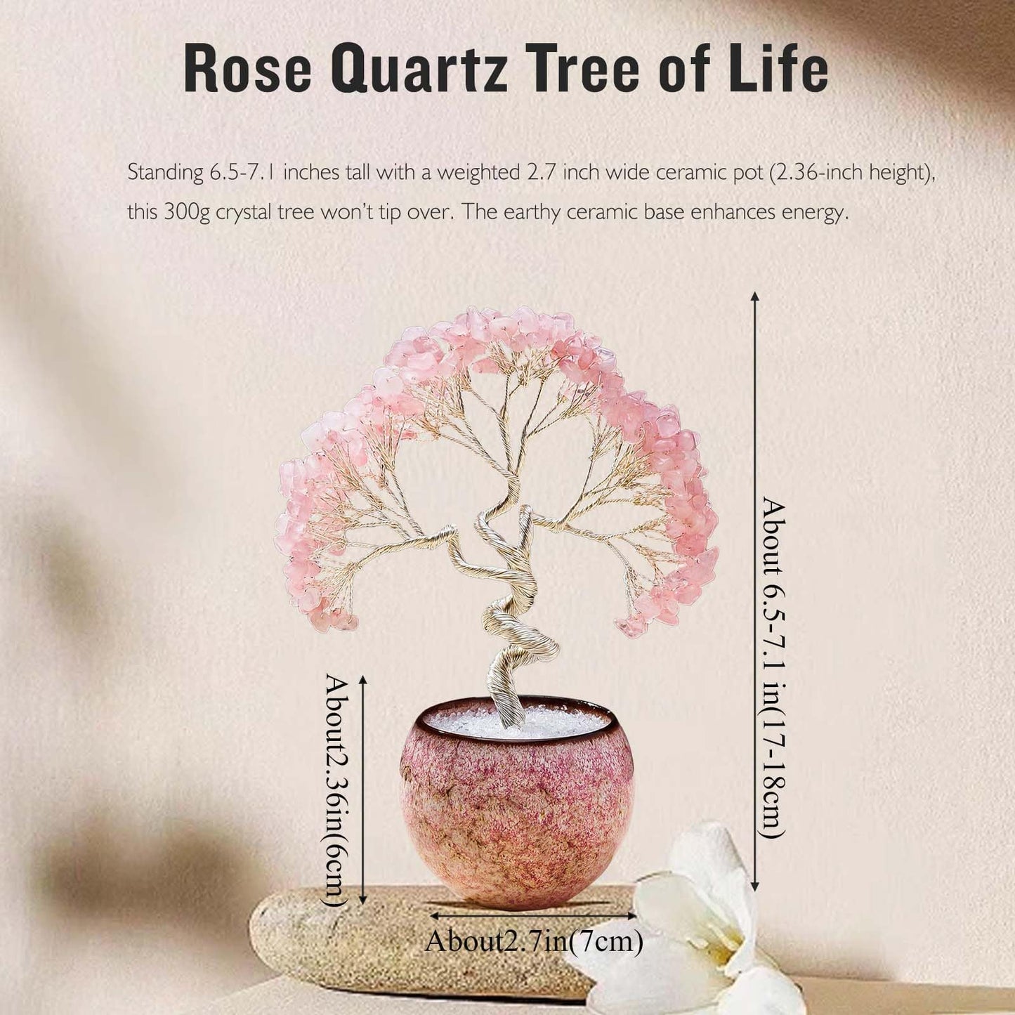 Runyangshi Rose Quartz Crystal Tree of Life - 7in Chakra Crystal Money Tree with 297 Natural Healing Crystal Gemstone for Love, Feng Shui, Luck, Balancing Energy Home Decor & Spiritual Gift