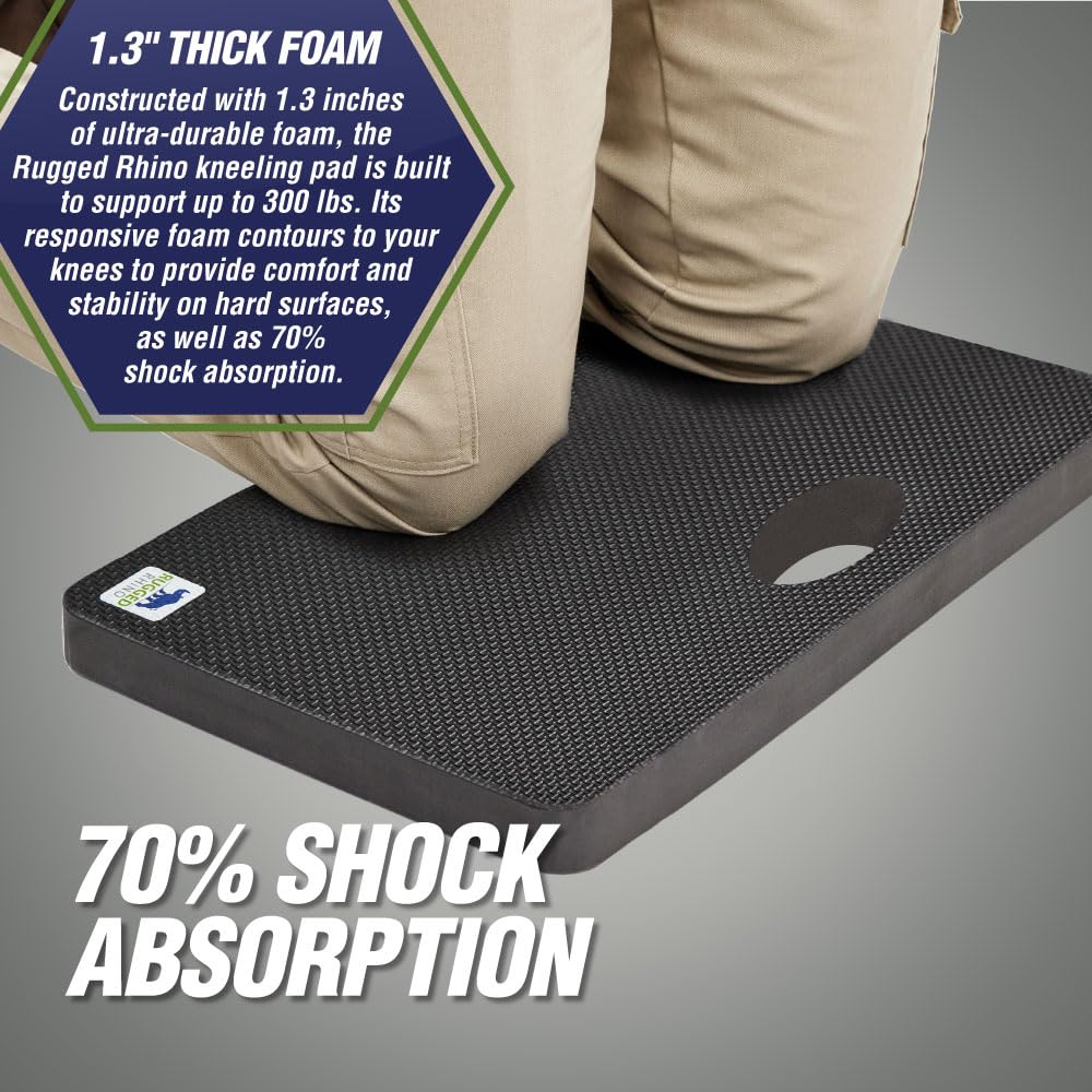 RUGGED RHINO Heavy Duty Patent Pending Kneeling Pad, Shock Absorbent Thick Knee Pads, Holds Up to 300 lbs, Protect Knees from Hard Concrete Surfaces, For Mechanics, Yard Gardening, Gym, Onyx Black