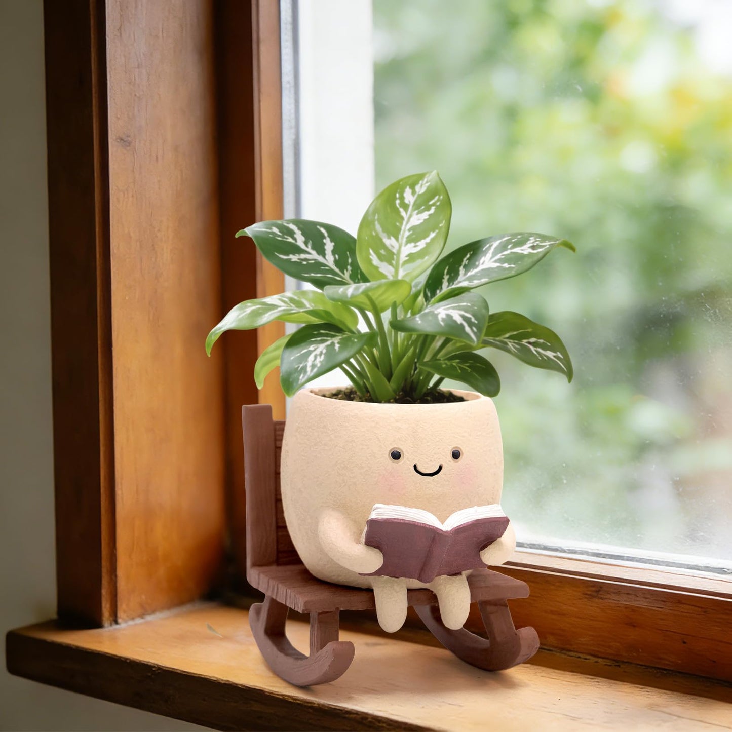YOUOIVIA Rocking Chair Book Planter, Cute Smiley Face Succulent Plant Pots for Indoor Outdoor Plants, Unique Funny Flower Pots with Drainage Hole, Plant Gifts for Mother's Day, Birthday, Christmas
