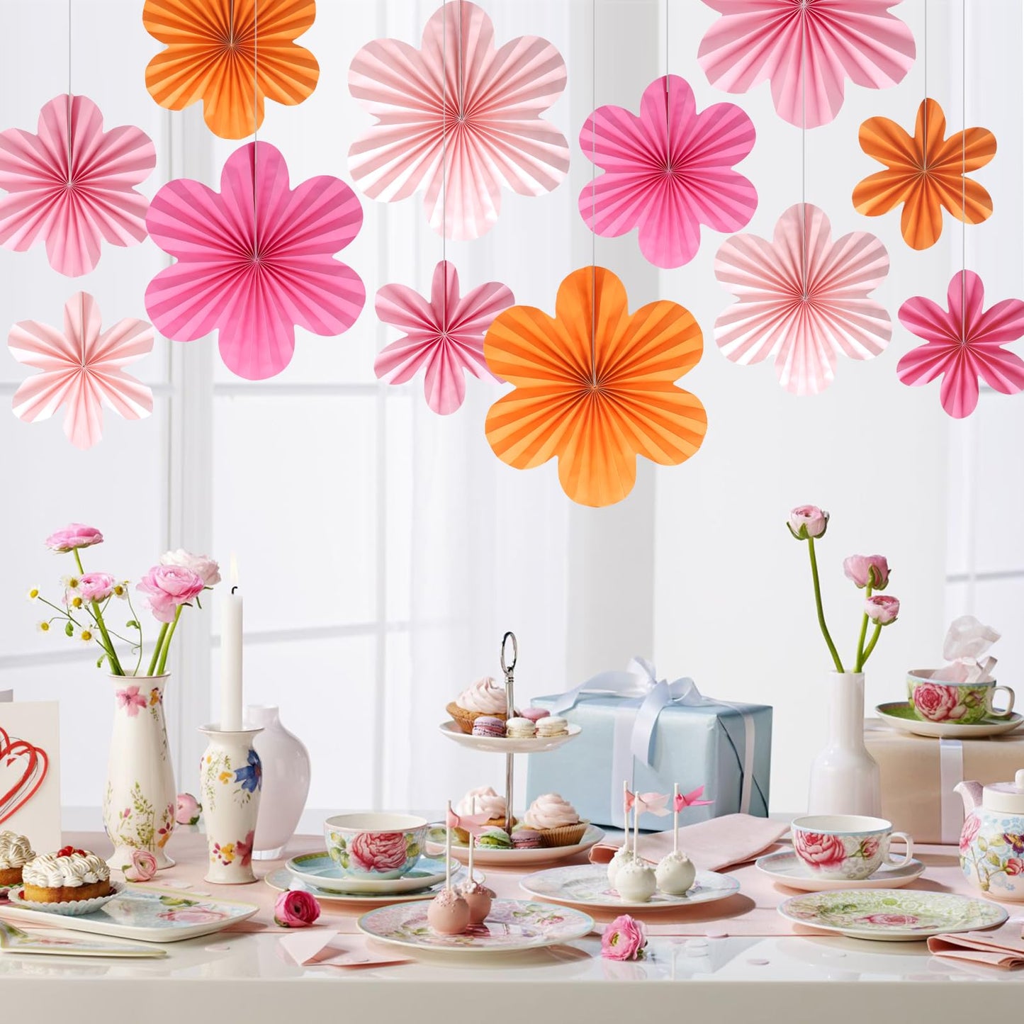 BestoFun 12 PCS Paper Flowers Fans Pink and Orange Party Decorations Paper Flowers Decorations for Wall Girl Groovy Birthday Baby Shower Wedding Bachelorette Room Hanging Décor